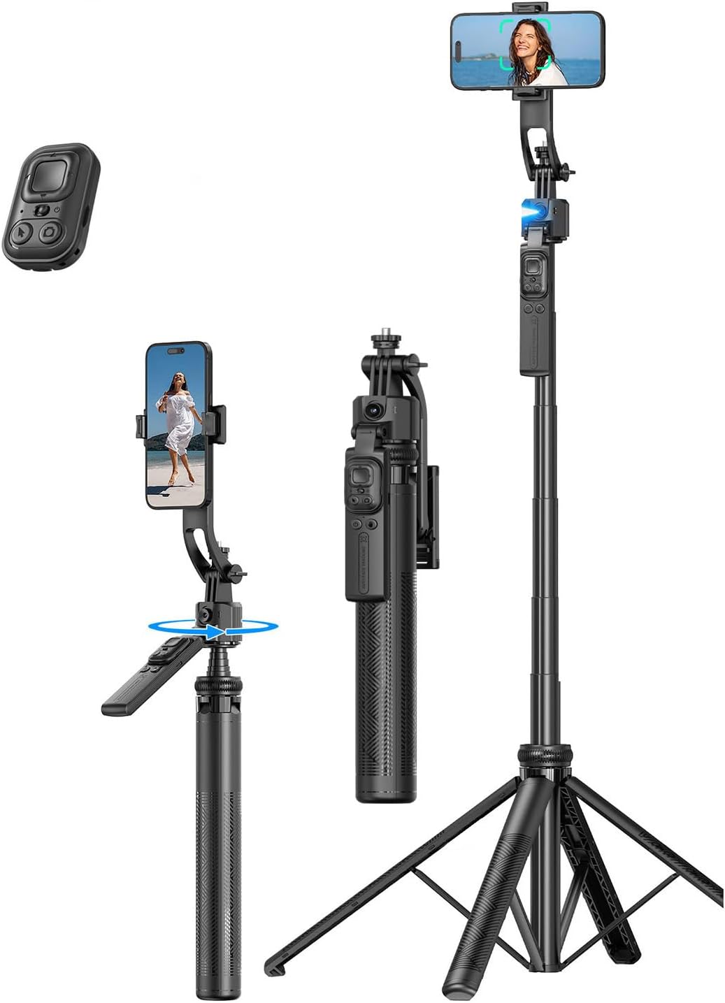 Auto-Face Tracking 4-Leg Stand, Selfie Stick with Detachable Phone Stand, Smooth Motion Shots, 360°Rotation & 63’’ Extendable, Remote Control & Universal 1/4" Screw for TikTok Vlog Video Recording