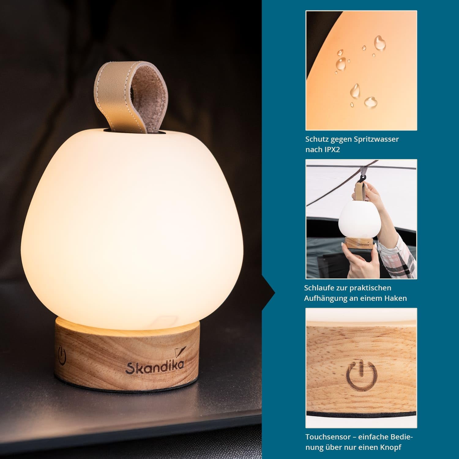 Skandika Campinglampe Gnista | wiederaufladbare LED Lampe, 180 - 210 Lumen, mit USB Typ C Ladekabel, 2000 mAh, 3 Lichtfarben, stufenlos dimmbar, zum Aufhängen | Laterne für Camping, Outdoor, Wandern