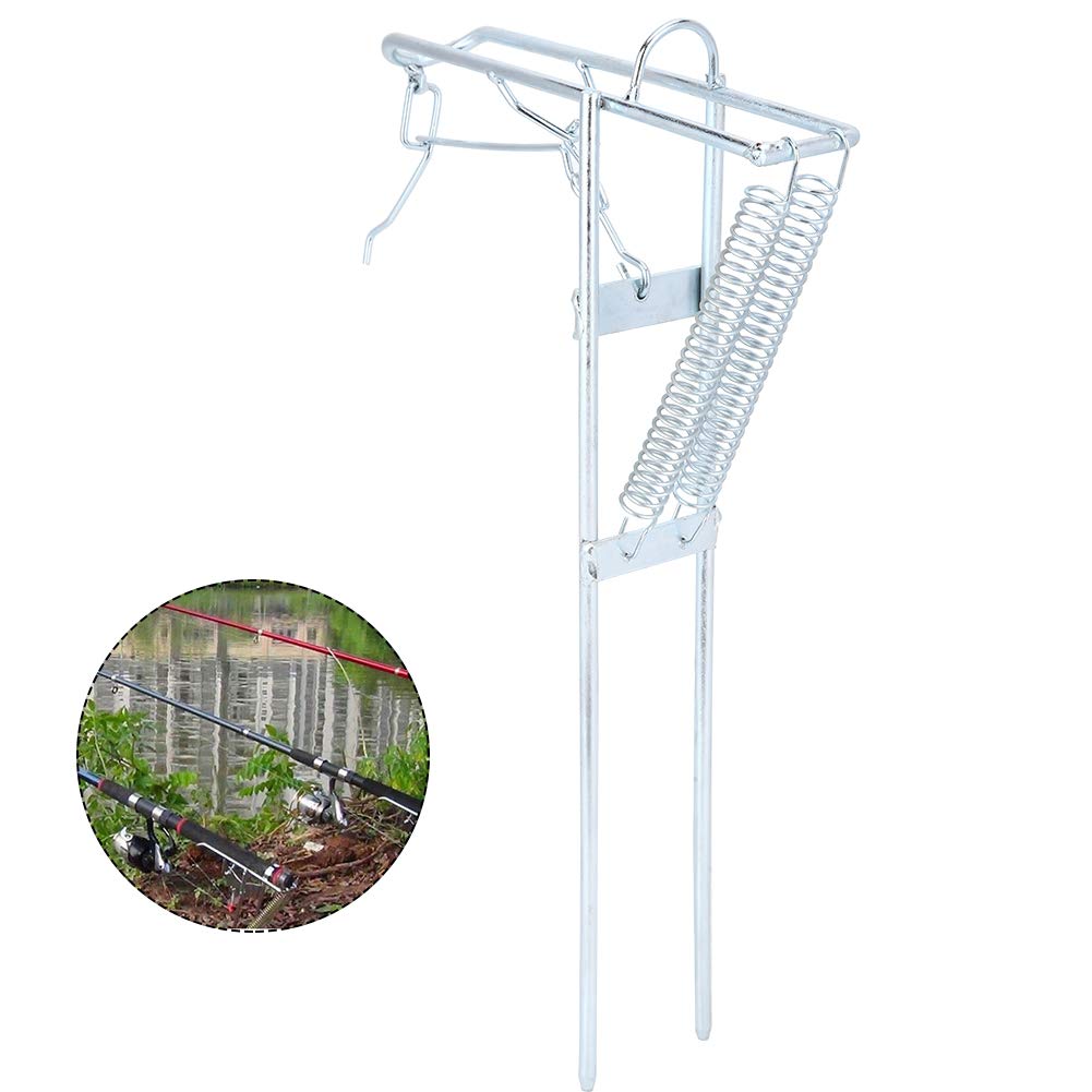 VGEBY Automatic Hooksetter Rod Holder, Metal Fishing Rod Double Spring Holder Rack with Automatic Tip-Up Hook Setter, Silver, Deck Mount