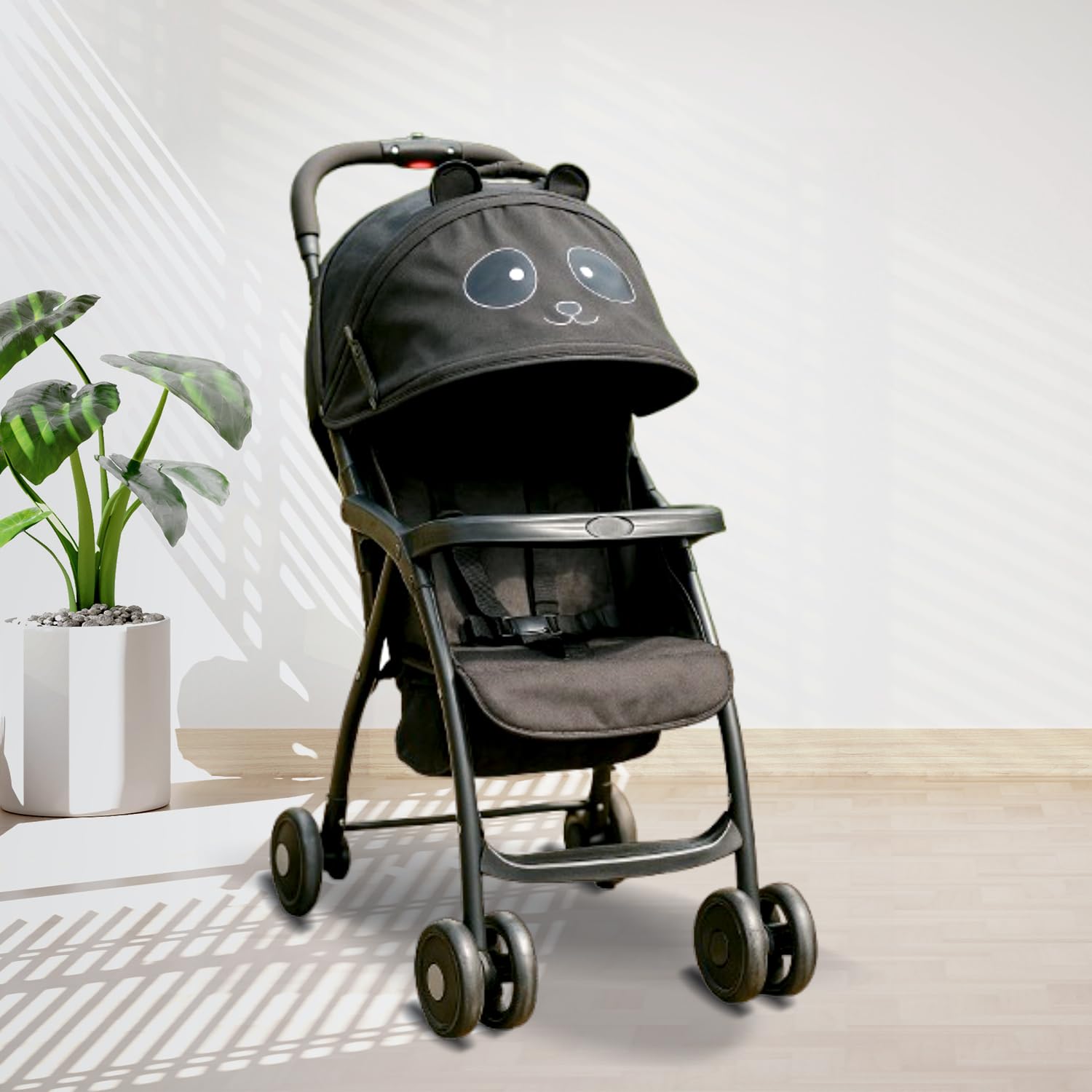 ANGELS & MICE, Panda, Baby Stroller/Pram | 3 Point Safety Harness | 300 D OXFORD Fabric | Spacious Cushioned seat with Multi Level seat Recline | Movable Footrest | Extendable Canopy | Multiple Storage | Detachable Tray| Easy Fold | Lightweight Stroller for 0 to 3 Years |Black-image-26