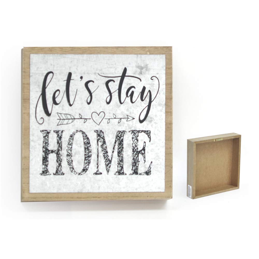 DesMa Group, LLC Let's Stay Home Wood/Metal Sign, 7.88"x7.88"x1.63", Brown