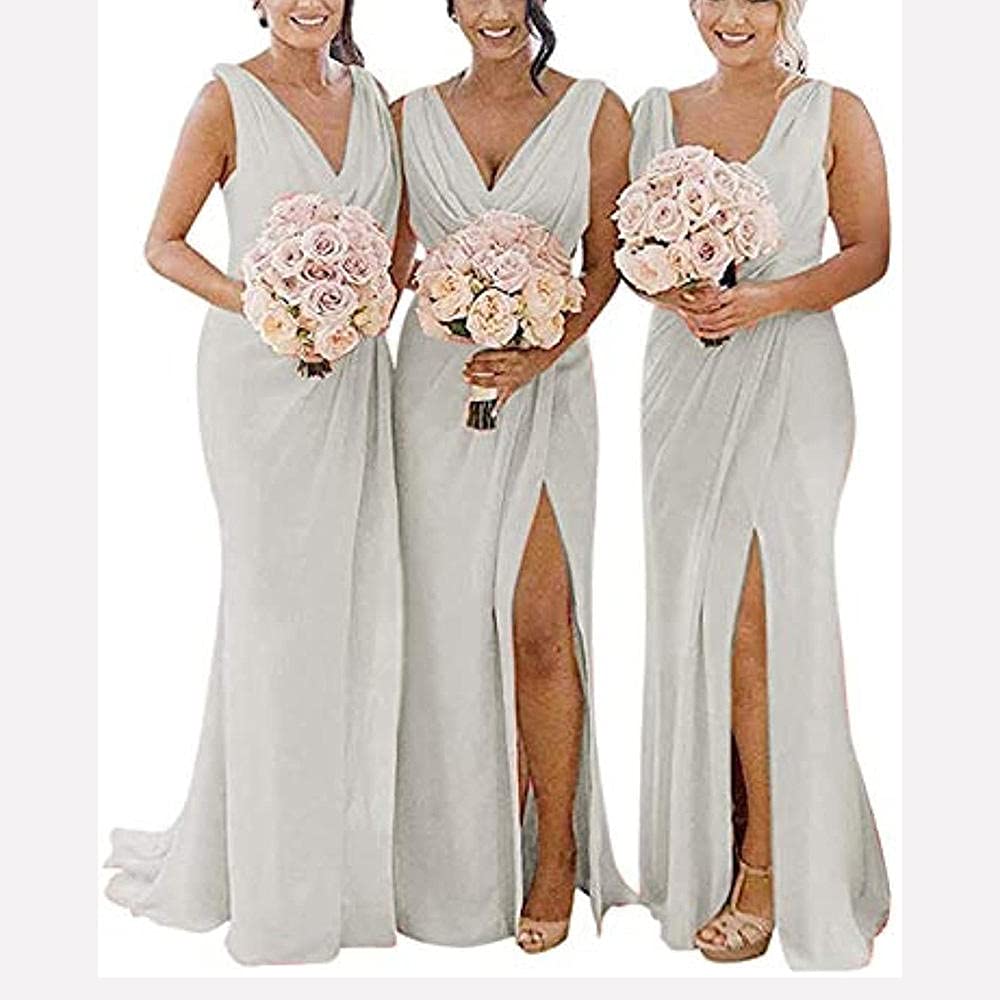 yhfshop Long Bridesmaid Evening Dress,Double shoulder V-neck chiffon slit evening gown-silver_38,Prom Bridesmaid Long Dress