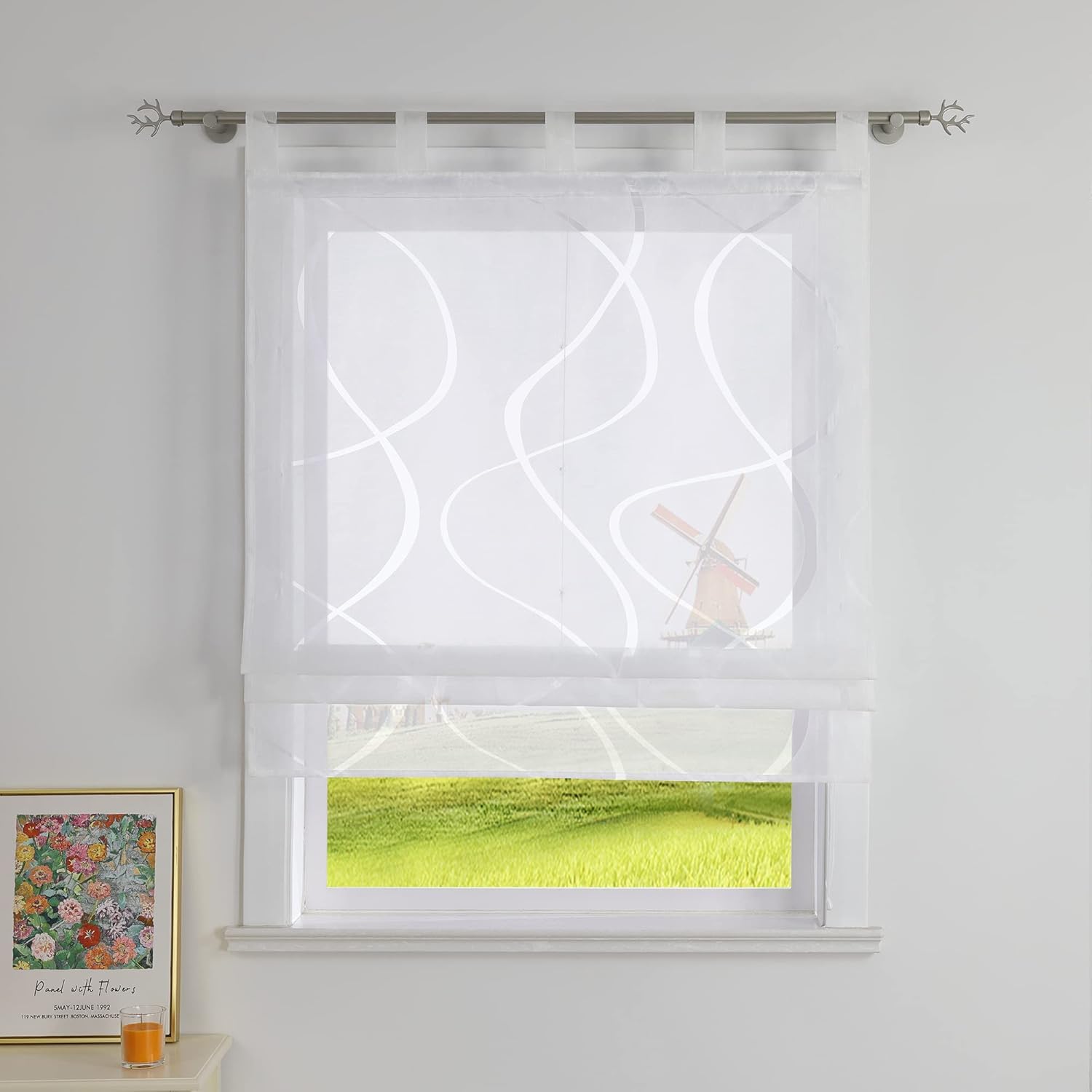 Voile Raffrollo mit Schlaufen Ausbrenner Rollo B80 x H140 cm,Weiß | 1 Stück,Mit Burnout-Wellenmuster,Küche Raffgardine,Transparent,Modern,Schlaufenrollo Landhausstil,Kurz Vorhang