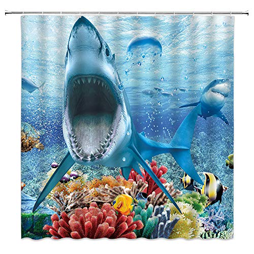 dachengxing Megalodon Shower Curtain Herd of Sharks Foraging Undersea Coral Decor Sea Animals