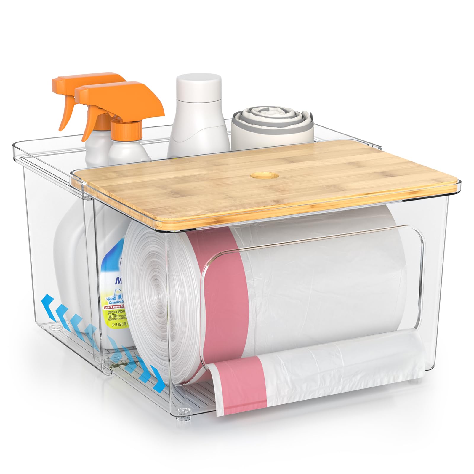 Dispensador de bolsas de basura, dispensador de bolsas de basura transparente con tapa de bambú y caja de cajón deslizante, soporte para bolsas de basura para cocina, debajo del fregadero
