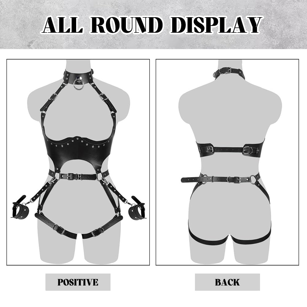 Harnais Femme Punk Sangles de Poitrine en PU Cuir avec Collier Gothique Sexy Lingerie Réglable pour Rave Boîte de Nuit Cosplay(Noir#2)