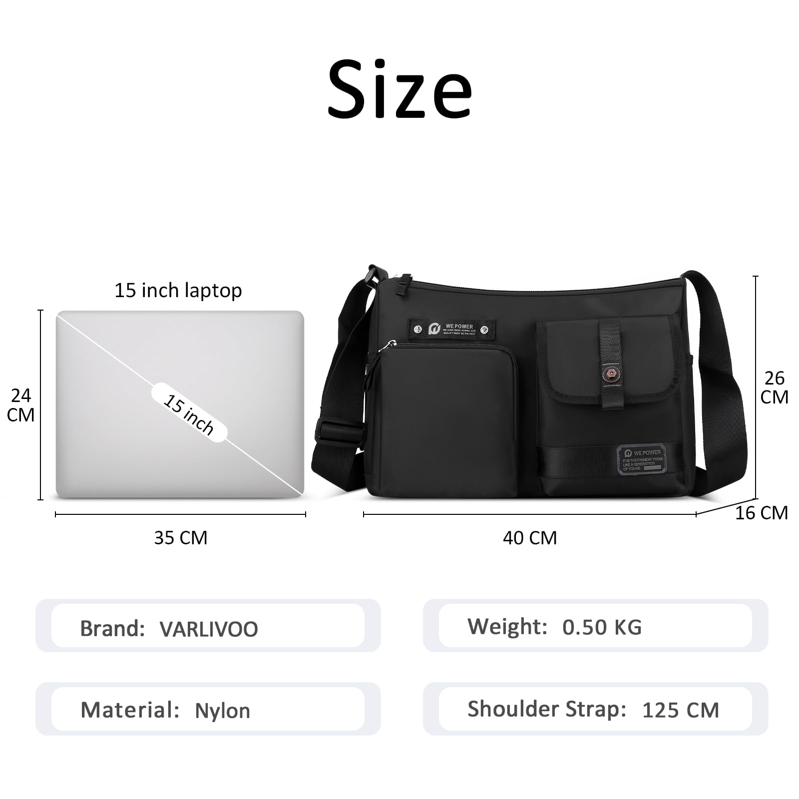 VARLIVOO Borsa a Spalla Uomo Borsa a Tracolla per Laptop da 15 Pollici Grande Borsa Messaggero Multitasche per Sportivo Ciclismo Trekking Nylon Nero