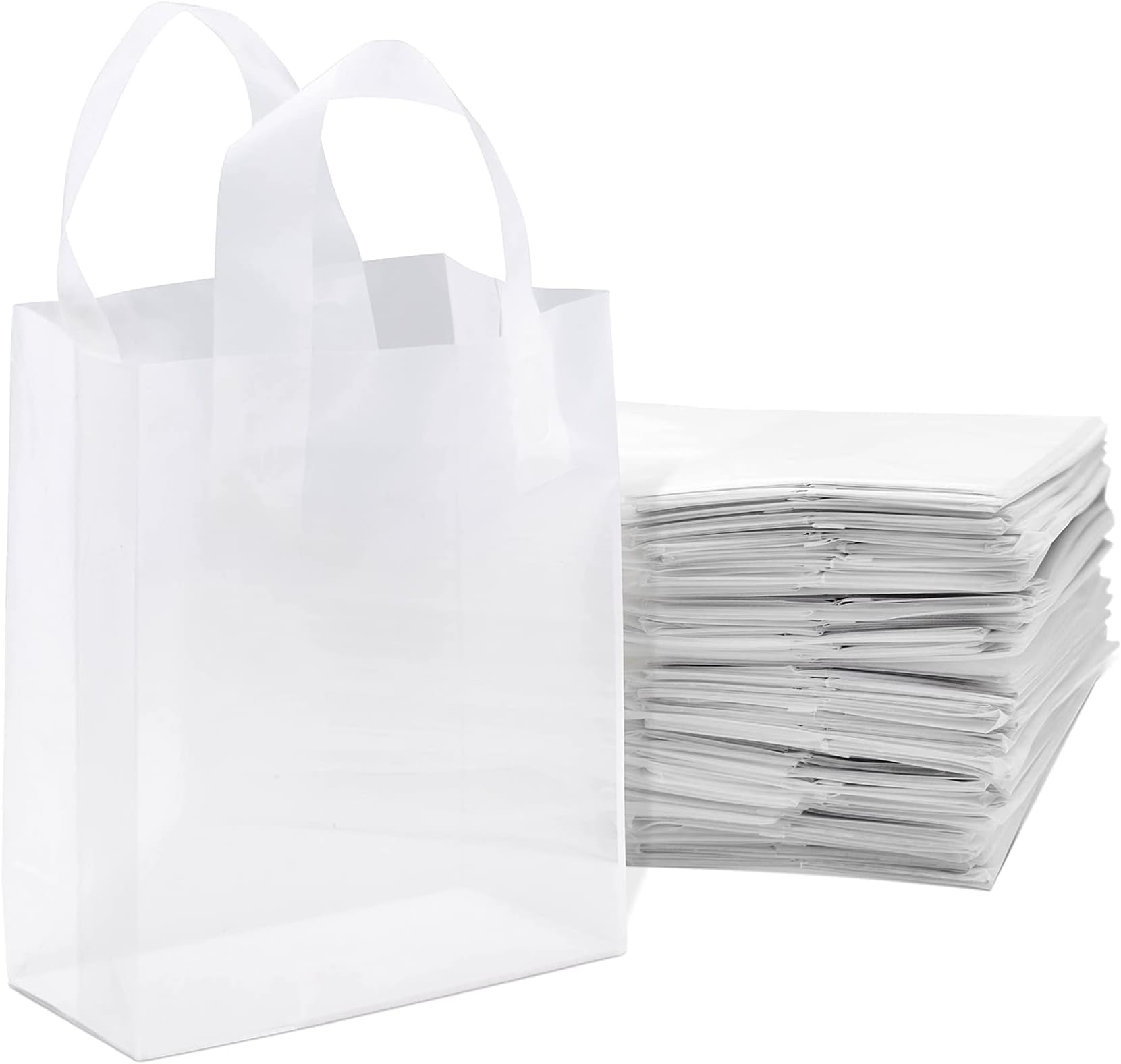 Prime Line Packaging - 8x4x10 Inch 100 Pack Plastic Bags with Handles, Small Gift Bags, Shopping Bags for Small Business, Clear Frosted White in Bulk for Boutiques, Retail Stores, Gifts & Merchandise