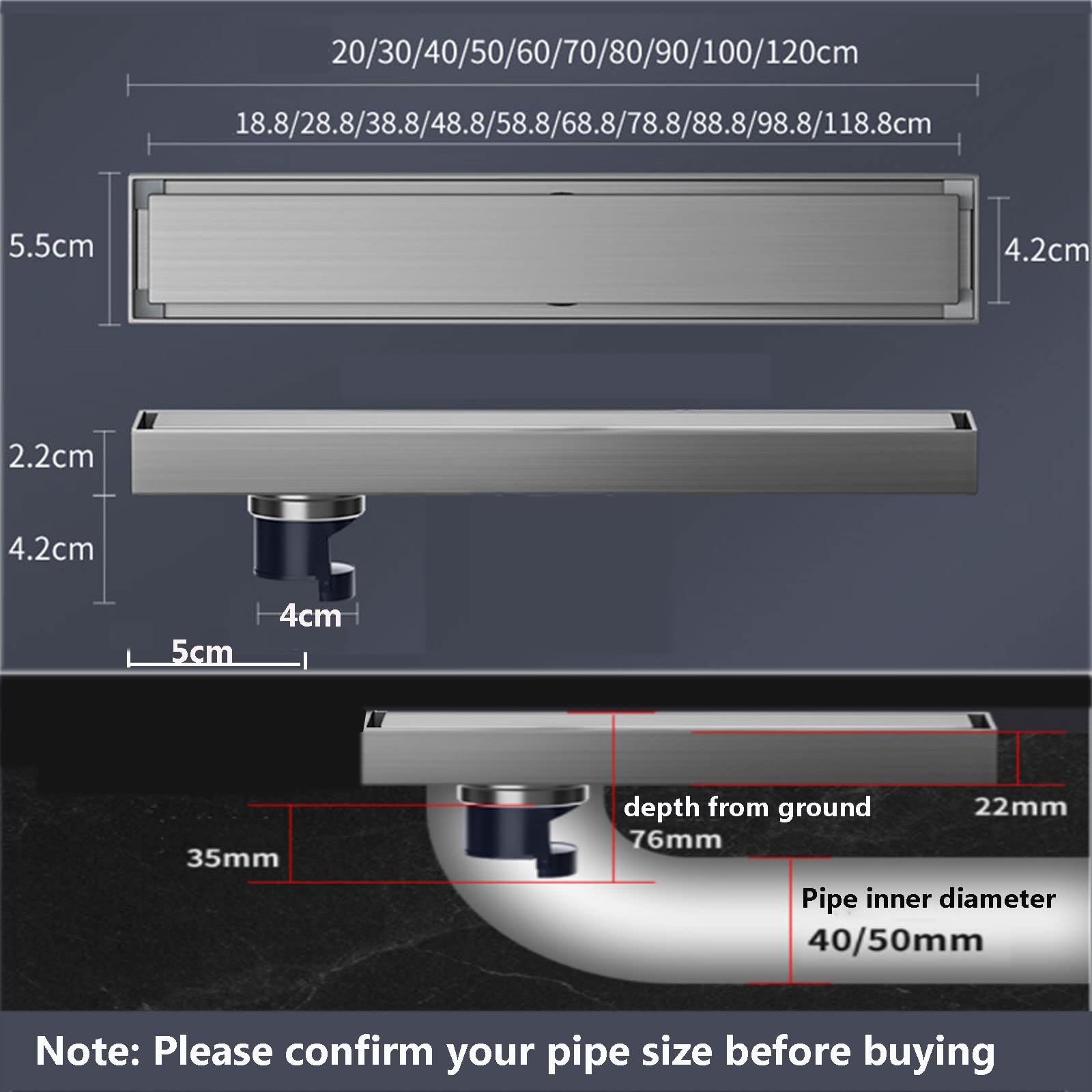 Odpływ łazienkowy, Odpływ liniowy niewidoczny z prysznicem, odpływ wkładką ze stali nierdzewnej, podłogowy(Side Drain,40cm)