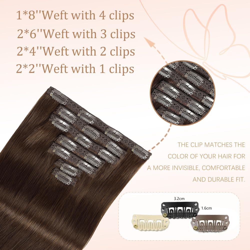 HotLulana extensión de clip de pelo humano Remy, 7 unidades, color marrón oscuro, extensiones de clip invisibles, 35 cm, 80 g