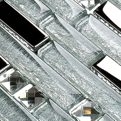 Hominter Metallic Glass Tile Linear Mosaic Sparkle Silver Crystal Glass Chrome Stain Resistant for Kitchen Backsplash Bathroom & Shower Wall Tiles (6 Square Feet)