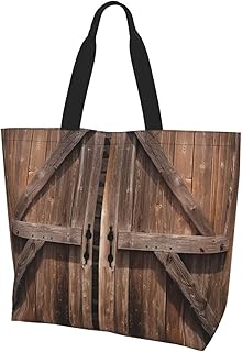Grocery Bag Reusable Tote Bag Foldable Vintage Wooden Barn Door Shopping Bag Handbag Washable Shoulder Bag for Travel