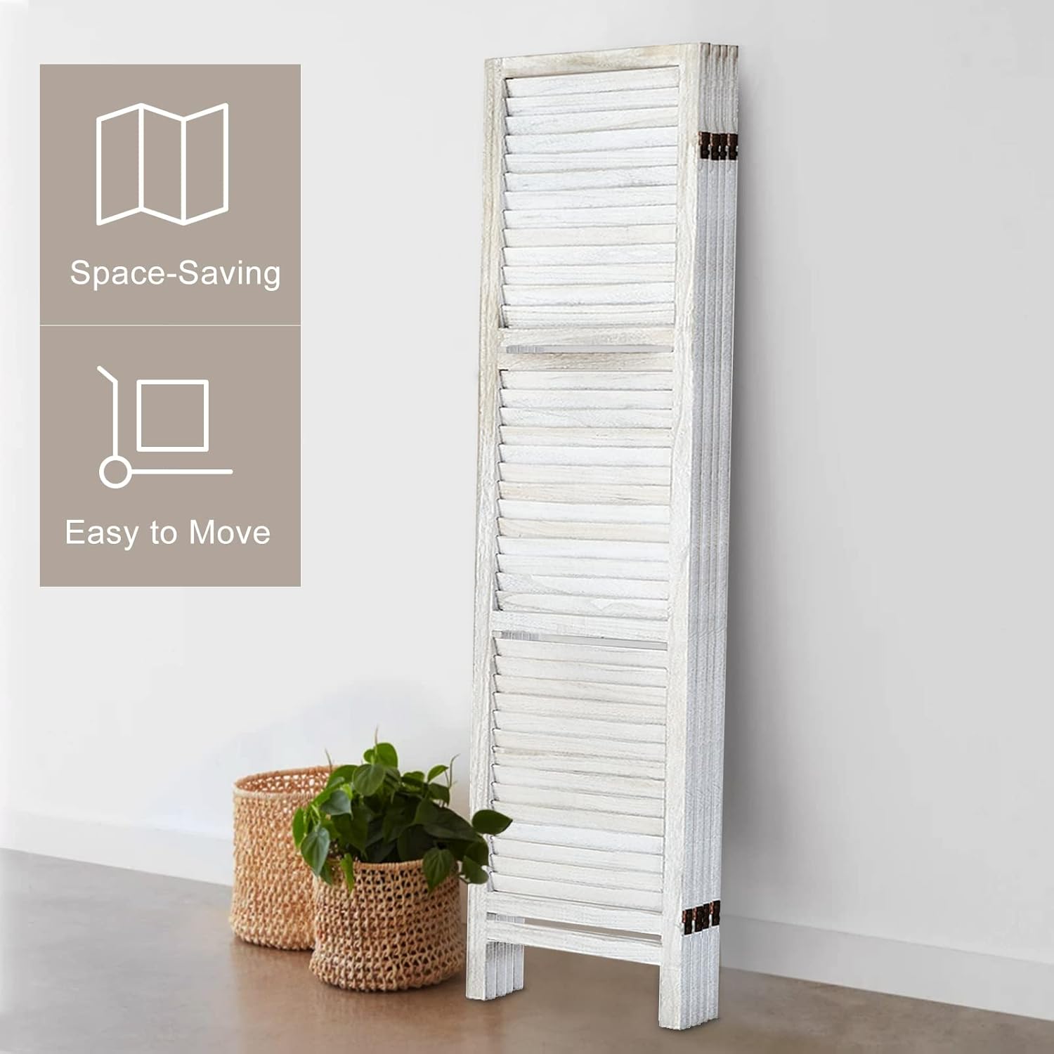 Room Divider with Shelves, Privacy Screen, Room Dividers and Folding Privacy Screens, 4 Panel Wood Temporary Wall Partition Separation Separator, Distressed White