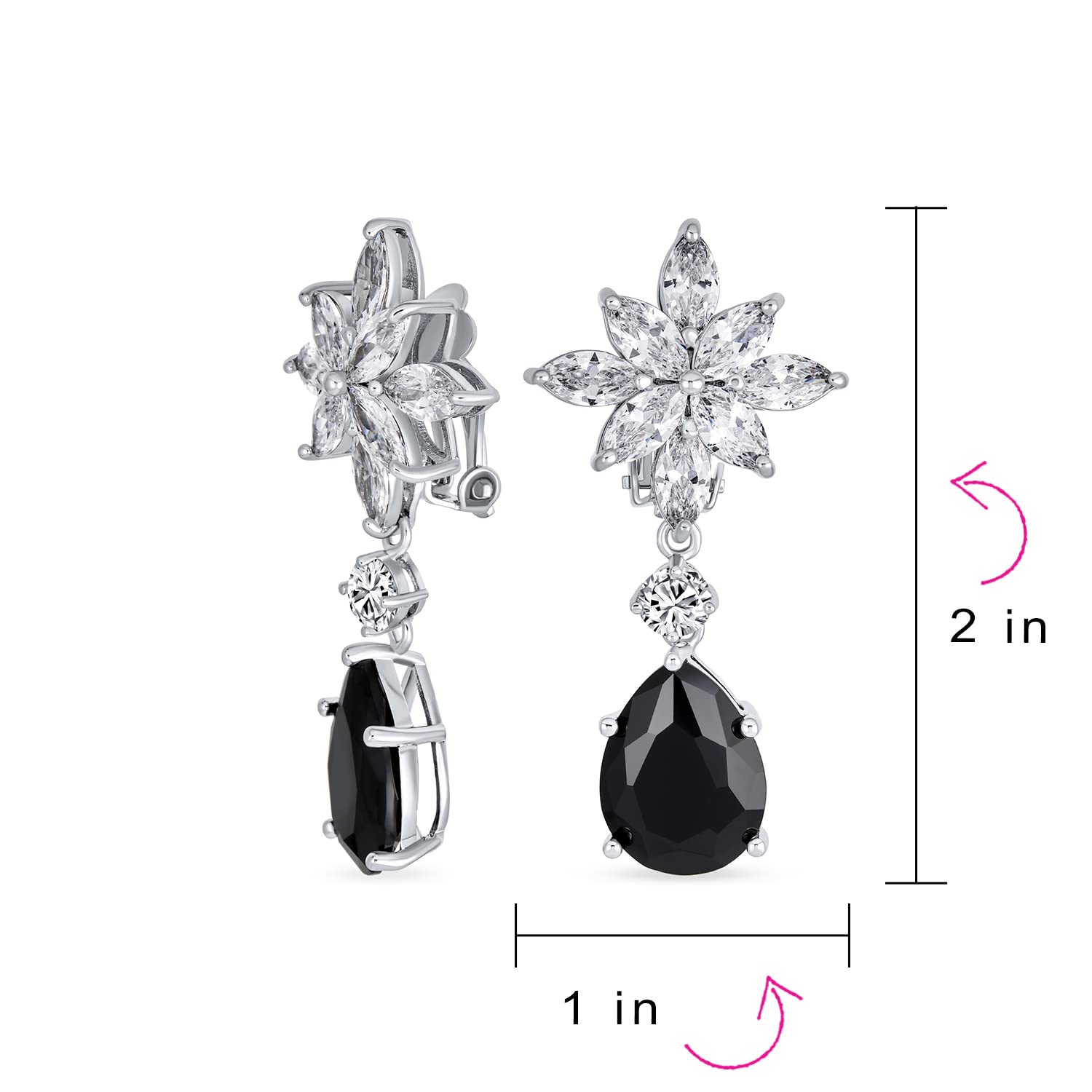 Cluster Floreale Aaa Cz Rosso O Nero Di Stile Art Deco Nuziale Dichiarazione Dangle Teardrop Chandelier Clip On Orecchini Per Le Donne Simulato Ruby Onyx Argento Placcato