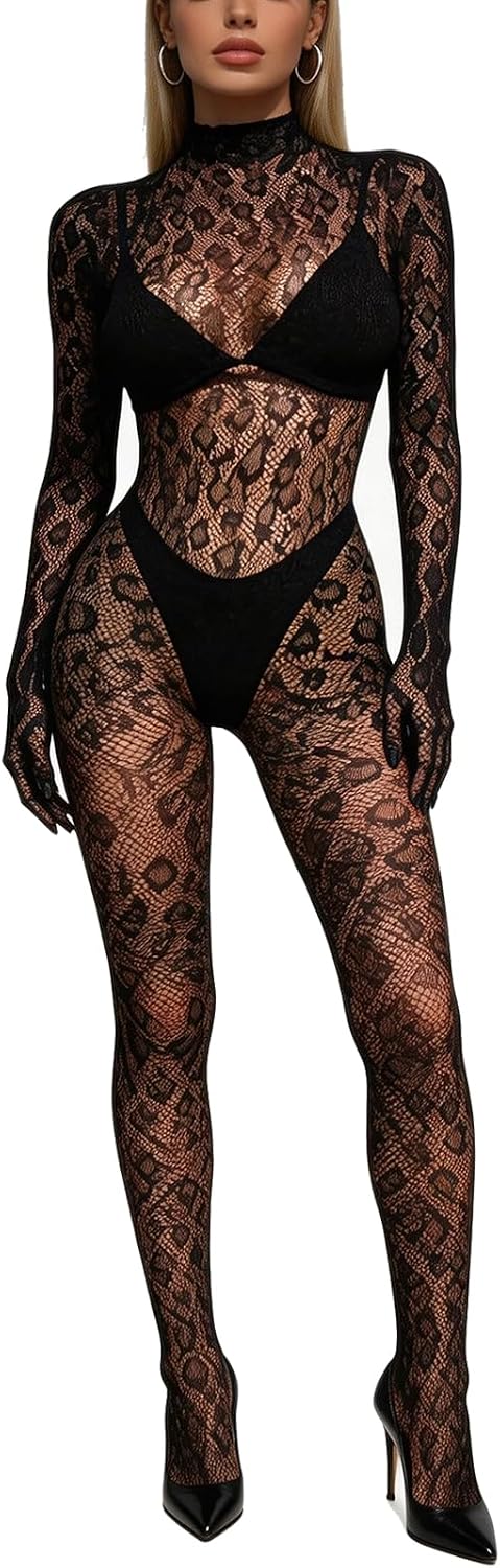 Women's Fishnet Bodysuit Leopard Lingerie Bodystocking See Through Mesh Jumpsuit with Long Sleeve Design for Rave