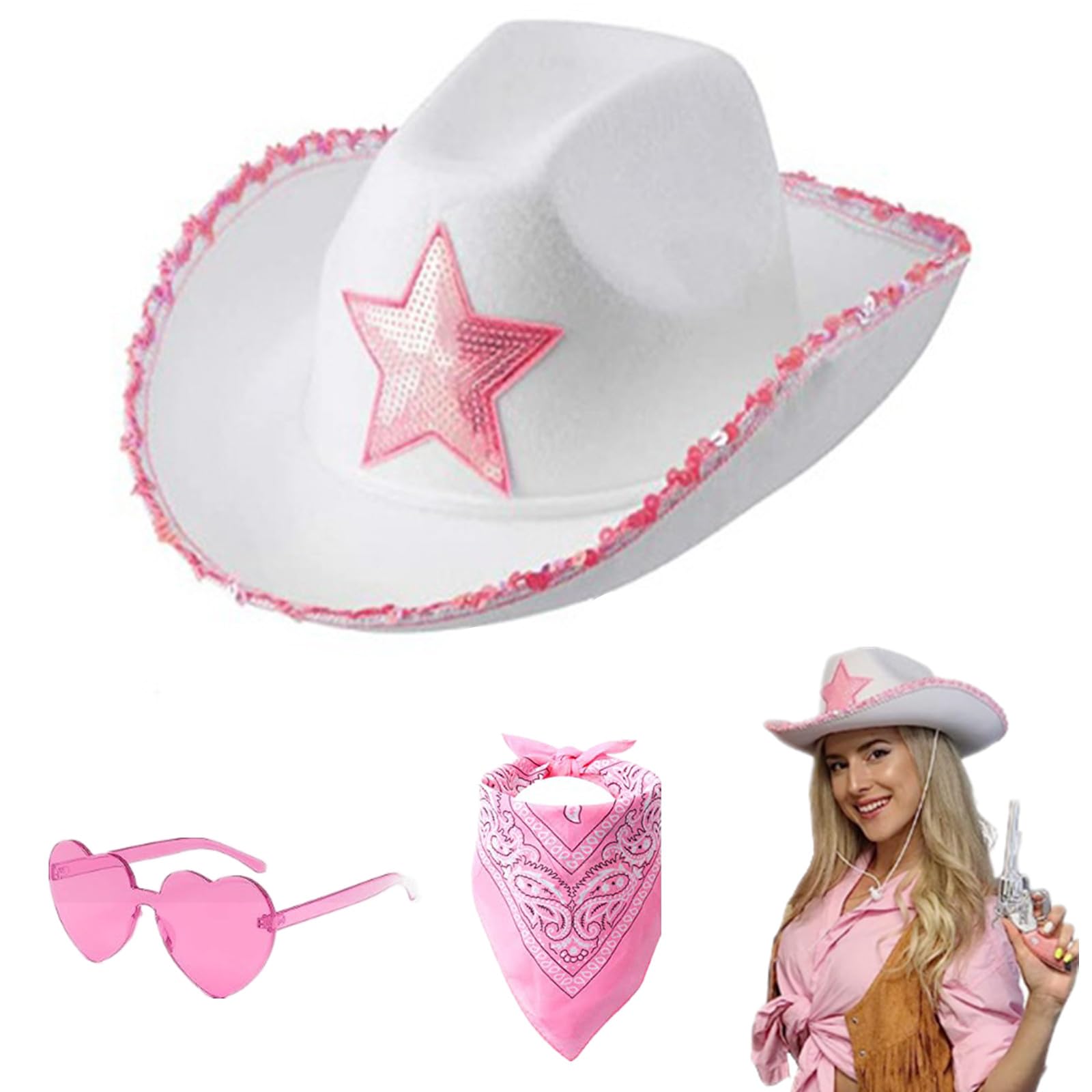Cowboy Hat Women, Felt Fluffy Feather Trim Cowgirl Hat,Wide Brim Fancy Dress Cowgirl Hats with Heart Glasses Bandana Scarf for Halloween Birthday Bachelorette Party (B)