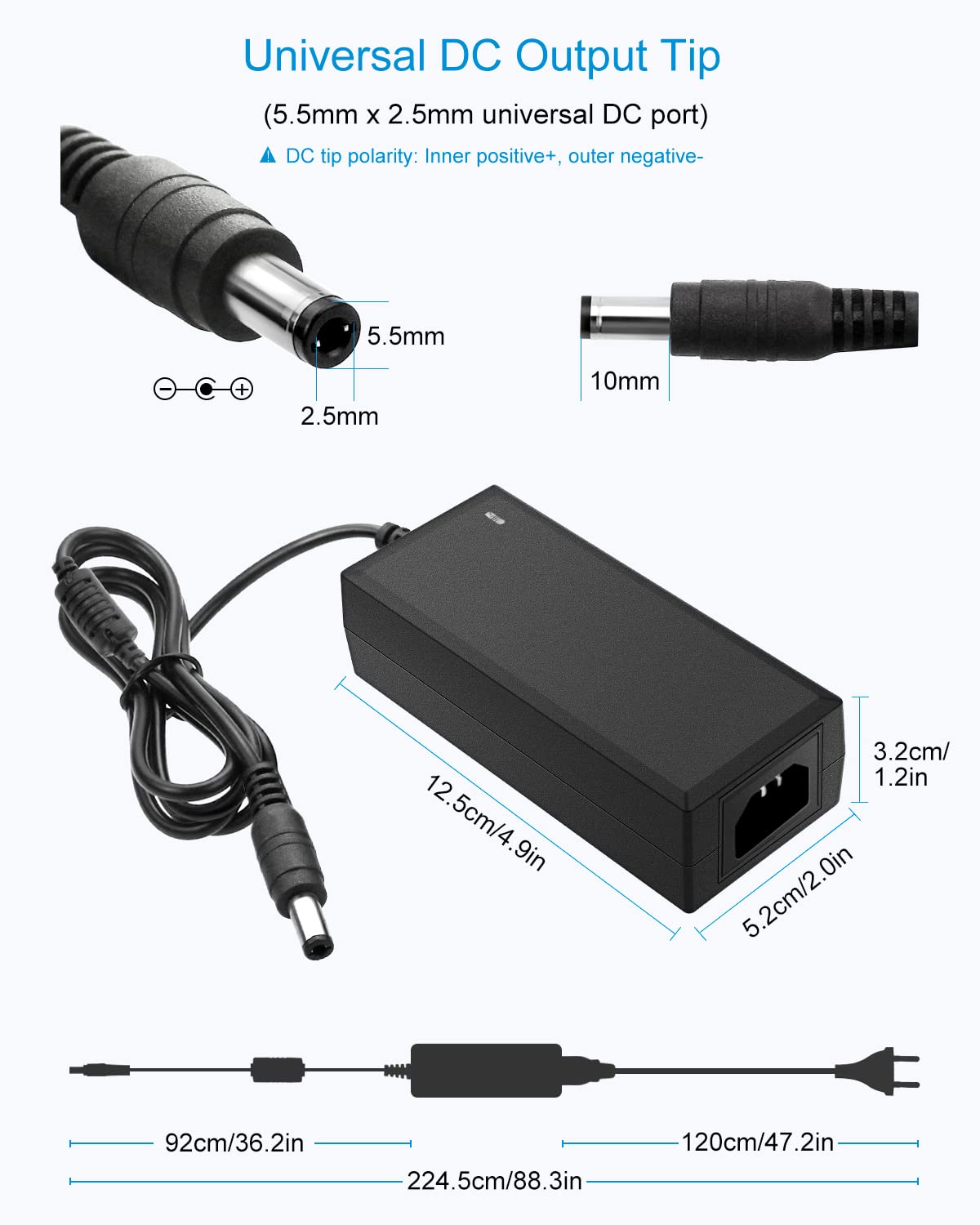 ALITOVE 24V Netzteil 2A 48W AC/DC Adapter 100~240V zu DC 24 Volt 2 Ampere LED Trafo 24V 2000mA 1.5A 1A Netzkabel Adapter mit 5.5mmx 2.5mm Stecker für LED Streifen Licht CCTV Kamera DC Pumpenlüfter