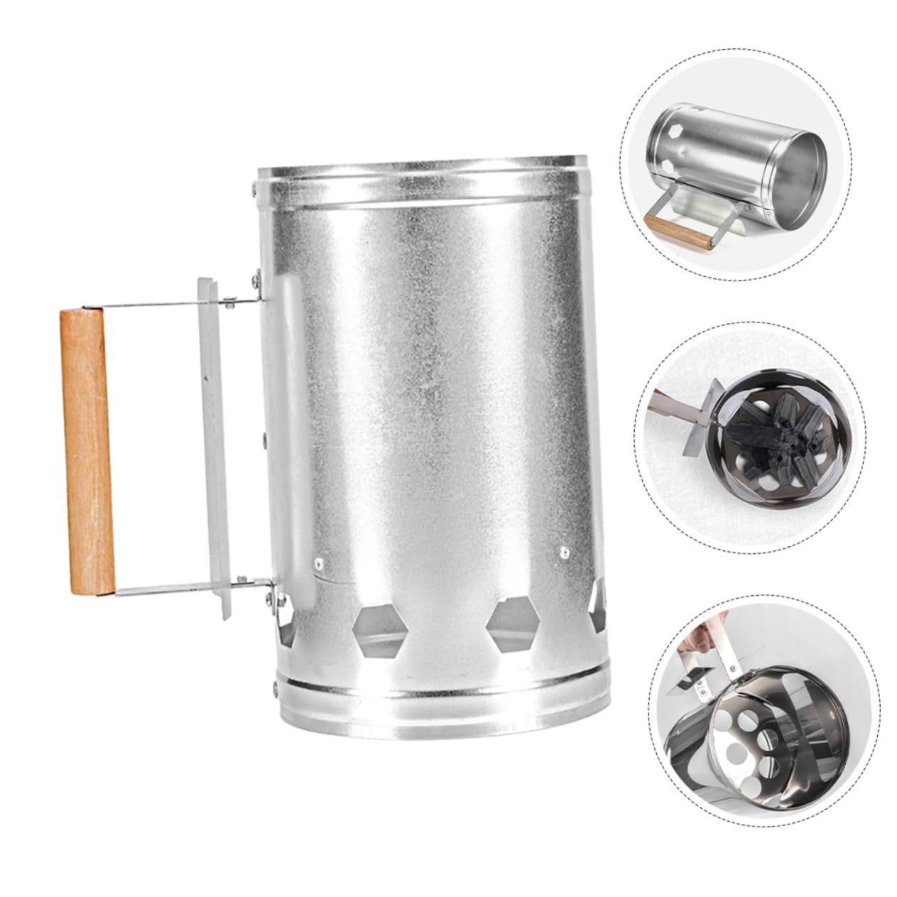 ibasenice Encendedor de Carbón para Chimenea de Metal Plata Reutilizable | Cubo de Encendido para Parrilla Portátil, Uso en Jardín y Viaje, Ignición Rápida con Asa de Madera