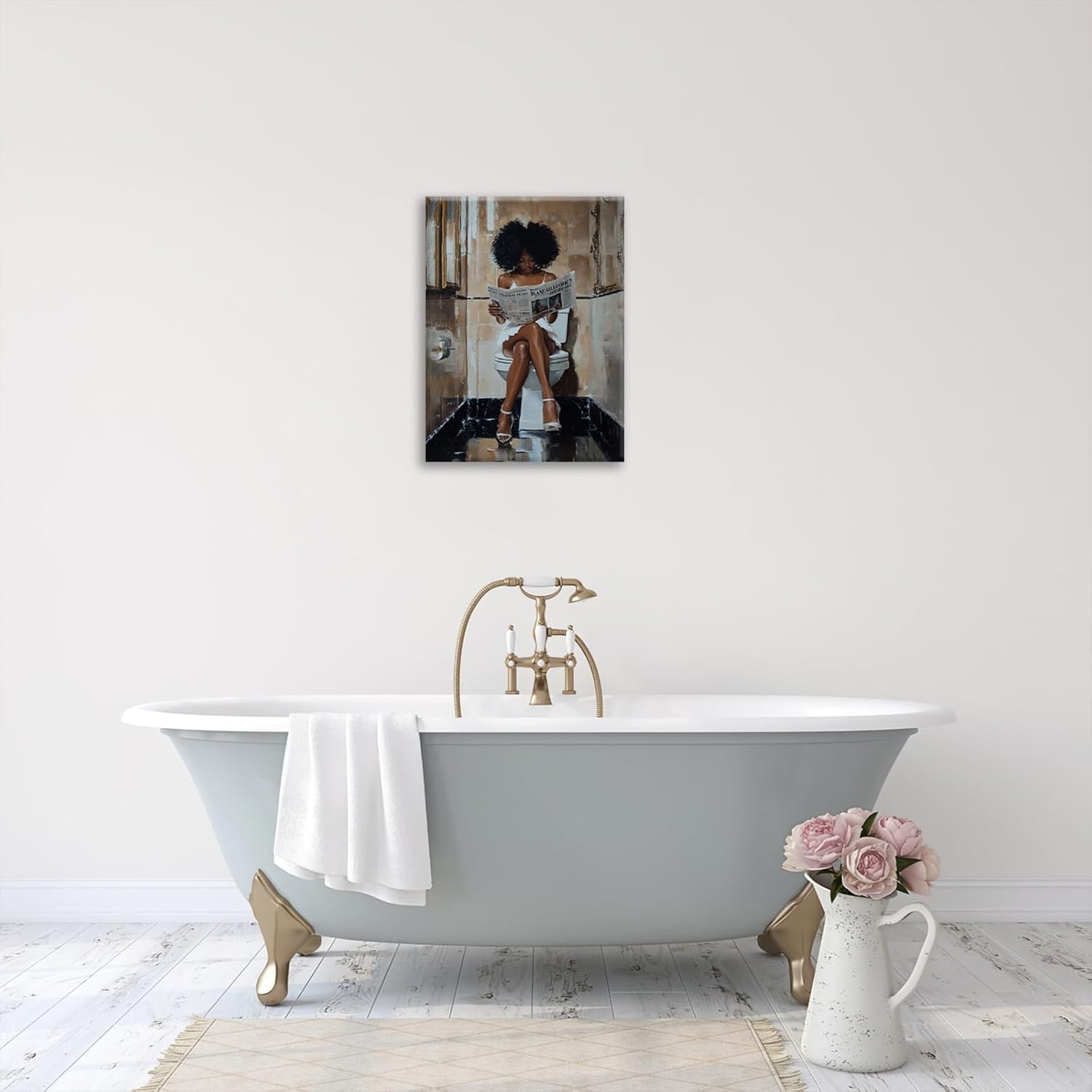 African Women Bathroom Wall Art Funny American Reading Newspaper in Toilet for Girls Bathroom Pictures for Wall Black White Canvas Print Painting Decor Rustic Framed Artwork Ready to Hang 12"x16"