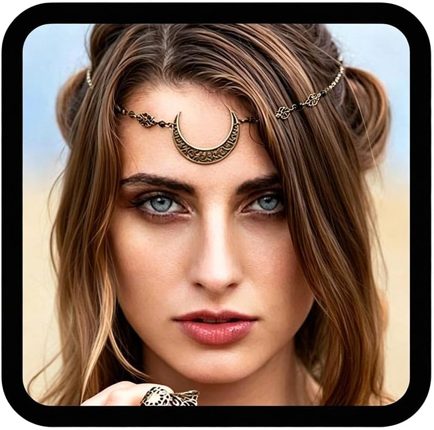 Yalice Boho Crescent Moon Head Chain Vintage Black Crystal Forehead Headpieces Rhinestone Witchy Halloween Hair Jewelry for Women
