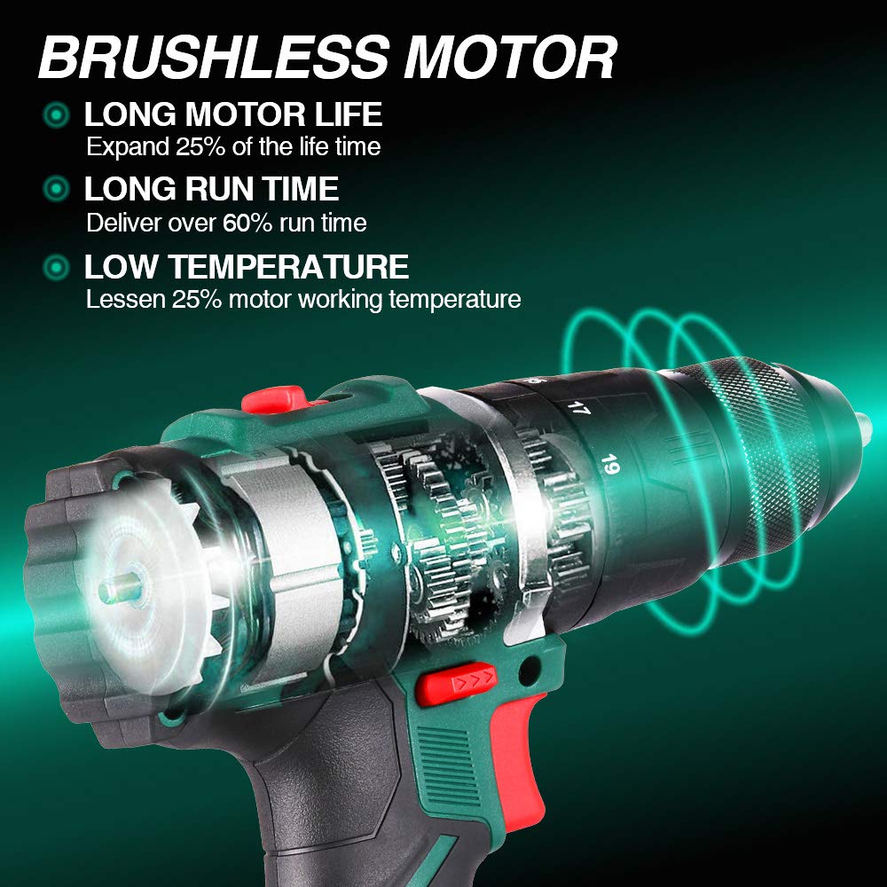 Cordless Drill Driver,Brushless 20V Hammer Drill with 2Pcs 2.0Ah