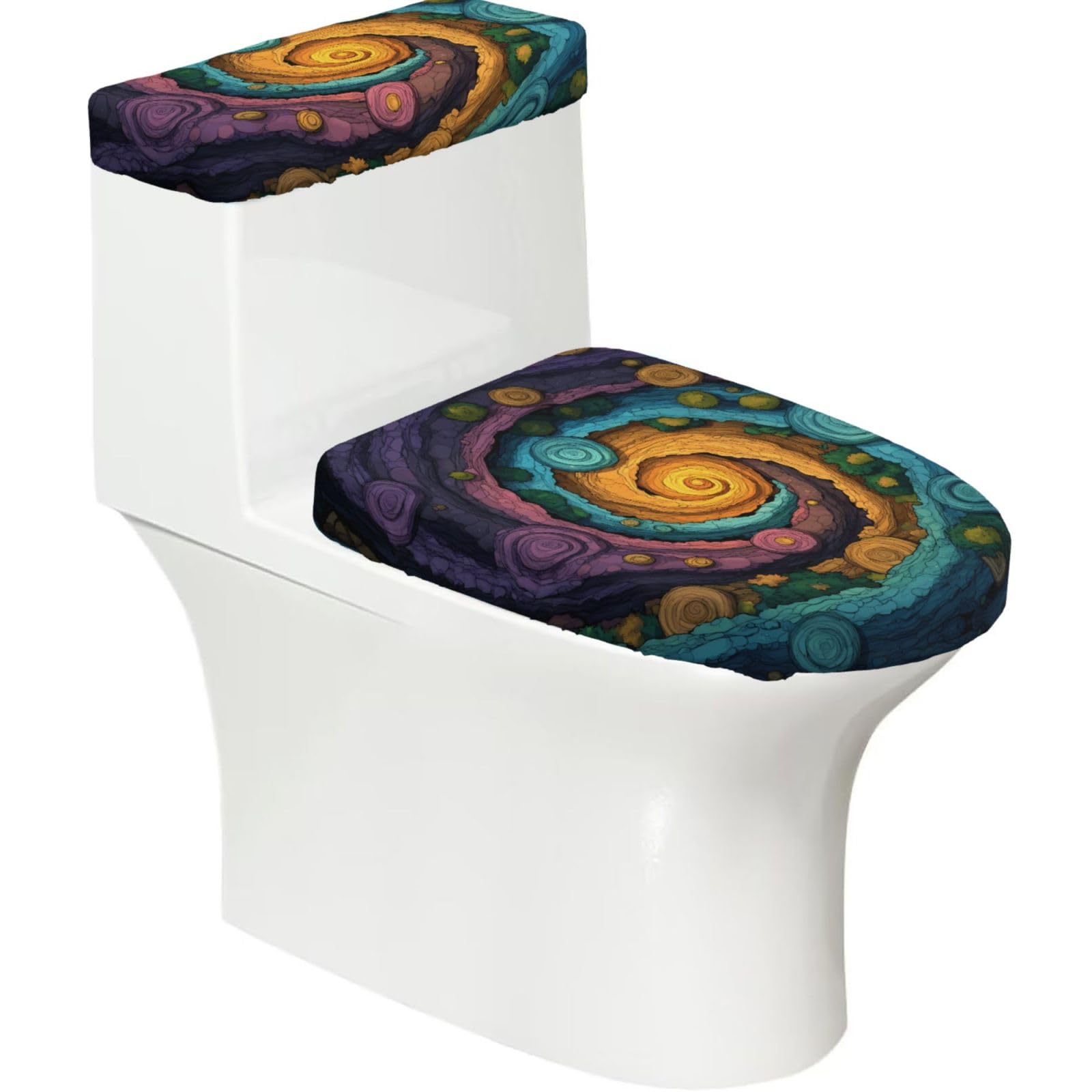 Wzycwb Black A Colorful Vortex 2-Piece Toilet Seat Cover Set With Tank Lid, Elastic Fit For U-Shape & Elongated Toilets, Bathroom Decor, Housewarming Gift