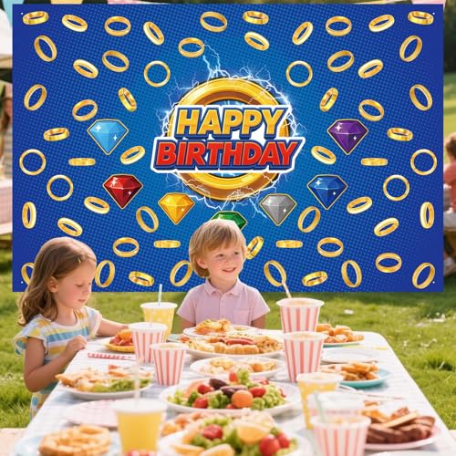 SAVITA Cartoon Happy Birthday Backdrop, 39.4x59.1in Blue Birthday Banner Backdrop with Gold Ring Print & Colorful Gems Video Game Cartoon Theme Party Supplies Photo Prop and Decorations by SAVITA - Image 6