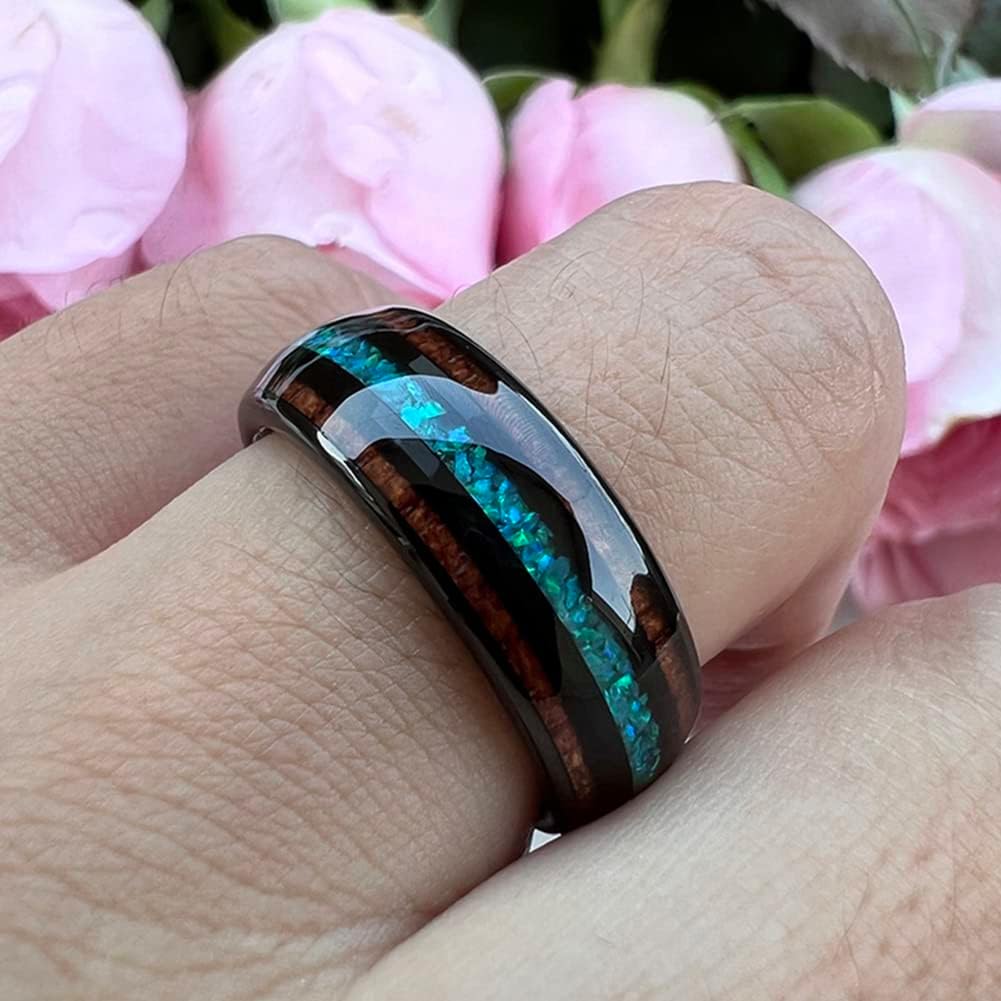 8mm Silver/Black/Gunmetal/Rose Gold Tungsten Rings for Men Women Engagement Wedding Bands Koa Wood Green Opal Inlay Domed I Love You Engraved Comfort Fit - Image 5