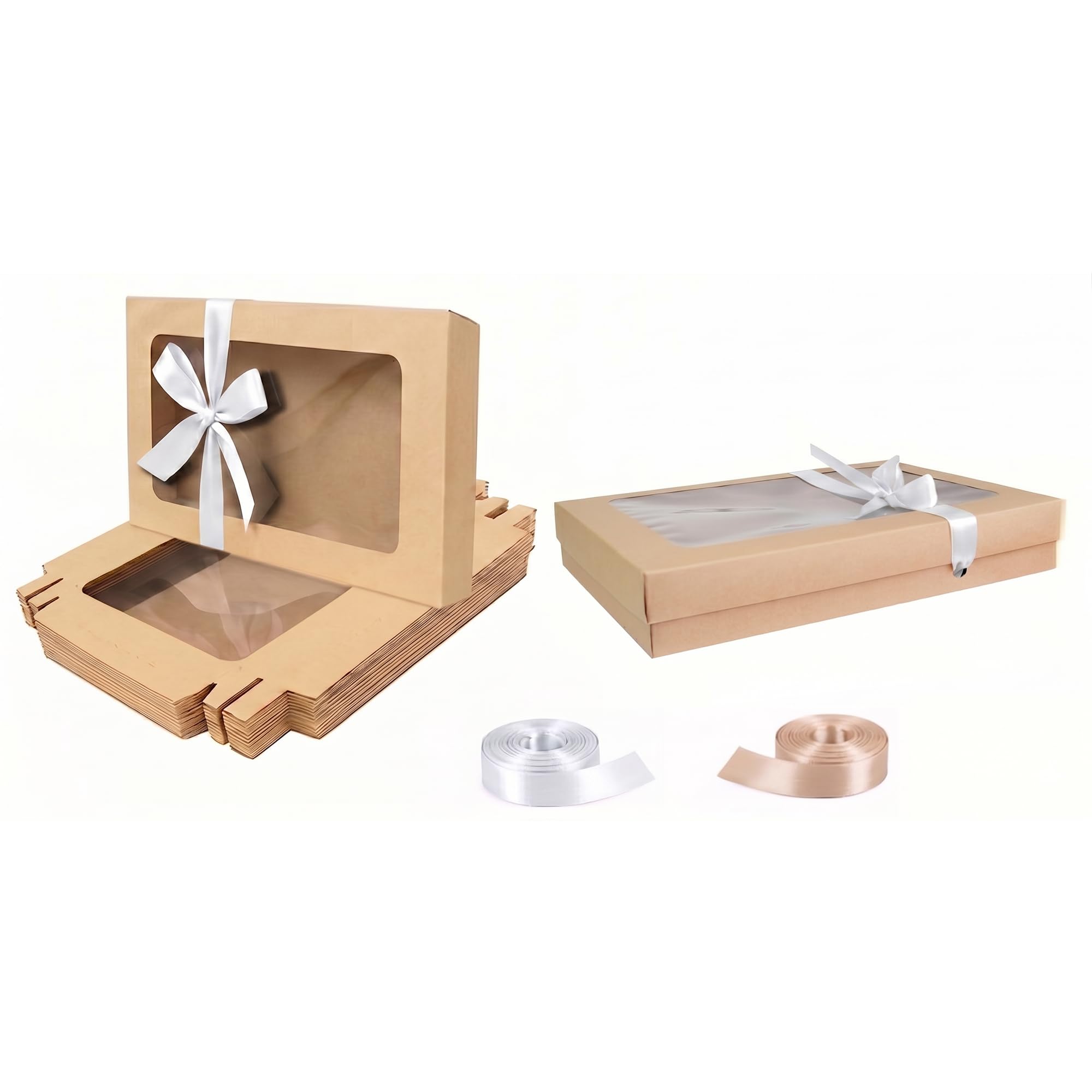 Emartbuy Pack of 12 White & Brown Gift Boxes Clear Window 29.5x22x4.5 cm — image 1