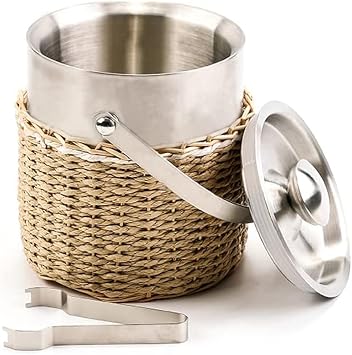 KINGWILLOW Handwoven 2L Stainless Steel Ice Bucket with Lid and Ice Tongs