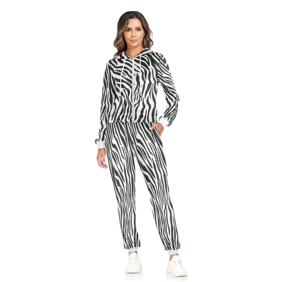 Conjunto deportivo de 2 piezas con textura de piel de cebra para mujer, conjunto deportivo de manga larga con estampado de piel de animal