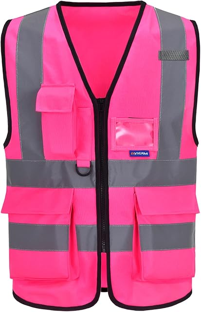 AYKRM Pink high vis jacket high viz Class 2 hi vis Zipper Front High Visibility vest Hi Vis Executive Vest Waistcoat with Phone & ID Pockets (L, Pink)