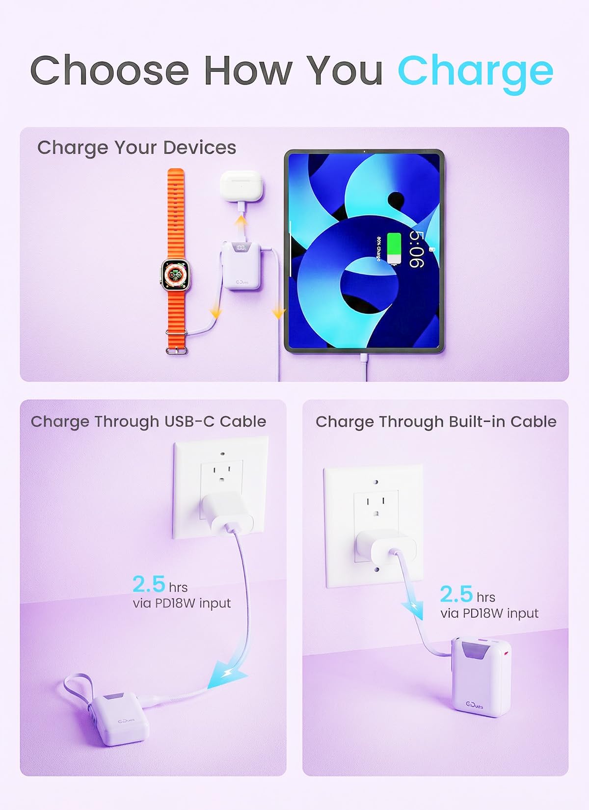 Cargador portátil con cable integrado, batería externa ultracompacta de 10000 mAh, carga rápida PD de 22.5 W, salida triple, Tpye-C, batería externa de tamaño pequeño para iPhone, Samsung