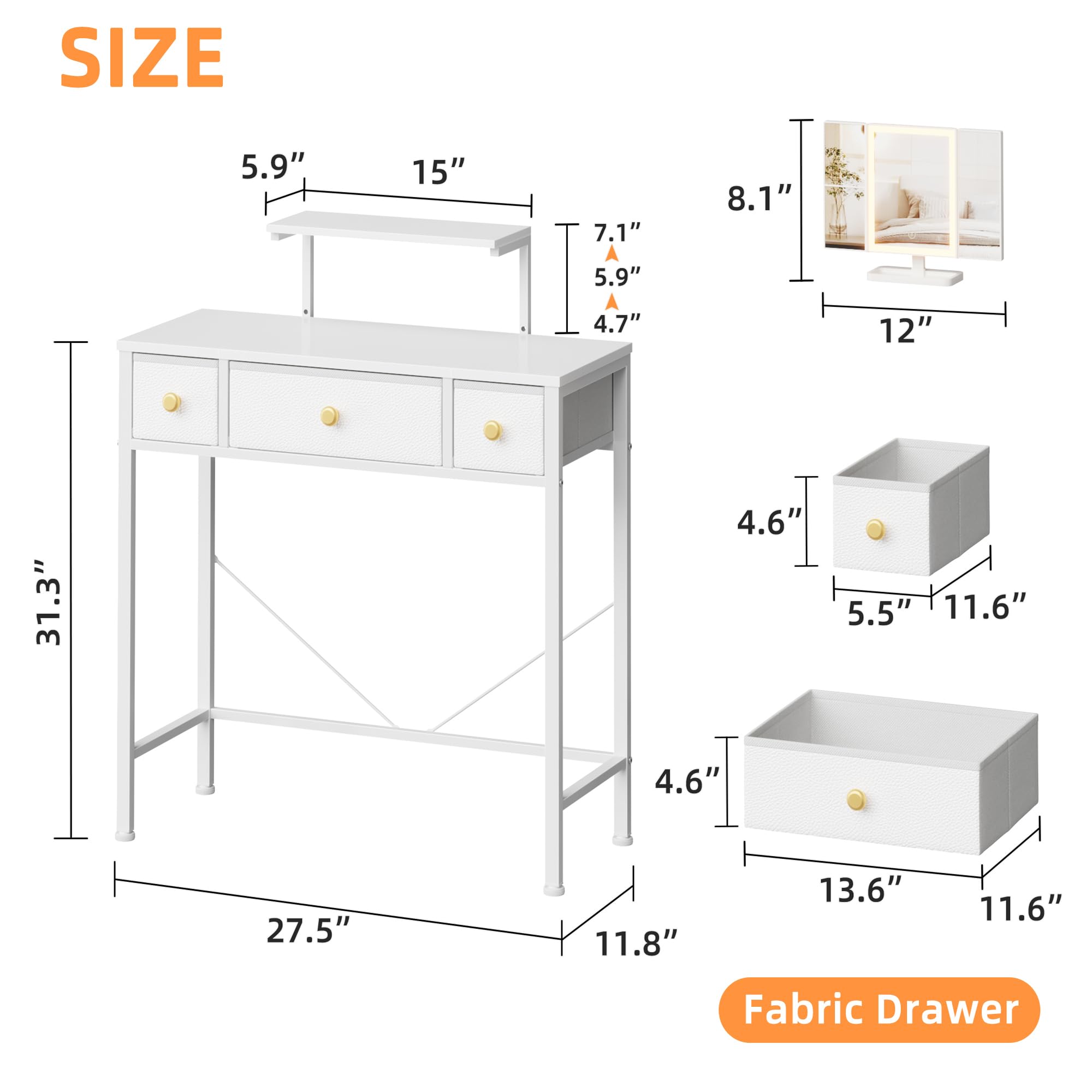 Pequeño escritorio de maquillaje de 11.8 pulgadas de profundidad x 27.5 pulgadas de ancho con 3 cajones de tela, mesa de tocador con espejo y luces y soporte de altura ajustable, tocador para 5