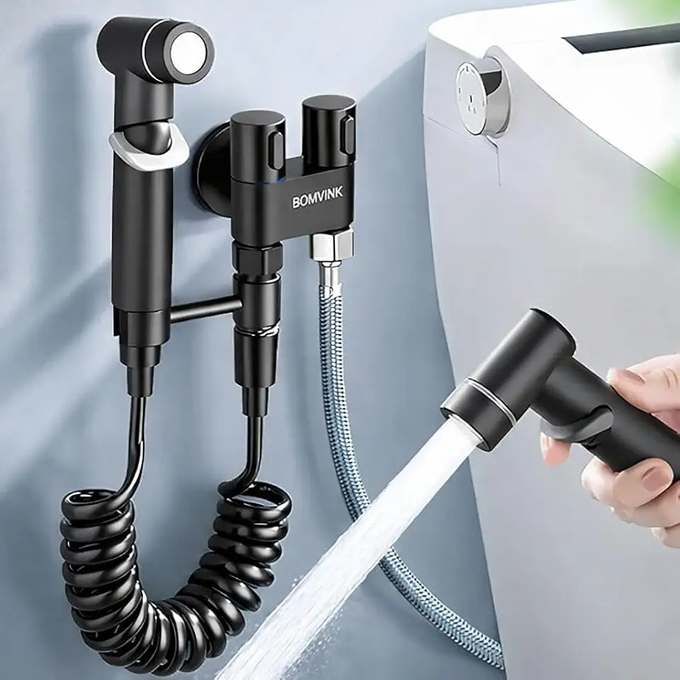Ducha Higiênica Dupla Bidê de Mão com Suporte de Parede Preto Mangueira Espiral Extensível Acessório para Banheiro Mangueira 1,5M