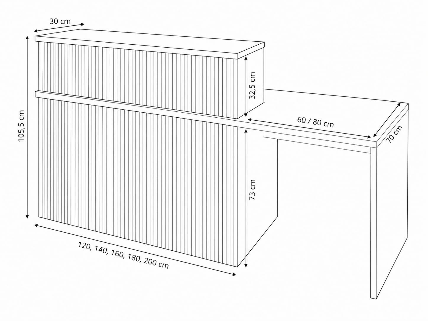 Comptoir de réception Apolo. Comptoir adapté aux handicapés, côté gauche, bureau, magasin, clinique (120 + 60 cm)