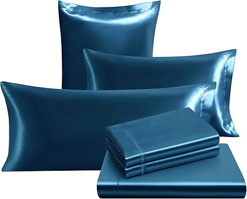 Miniatura 7 de Ersmak Juego de sábanas de satén de 7 piezas, tamaño California King, juego de sábanas de satén azul marino sedoso de lujo con 1 sábana bajera de