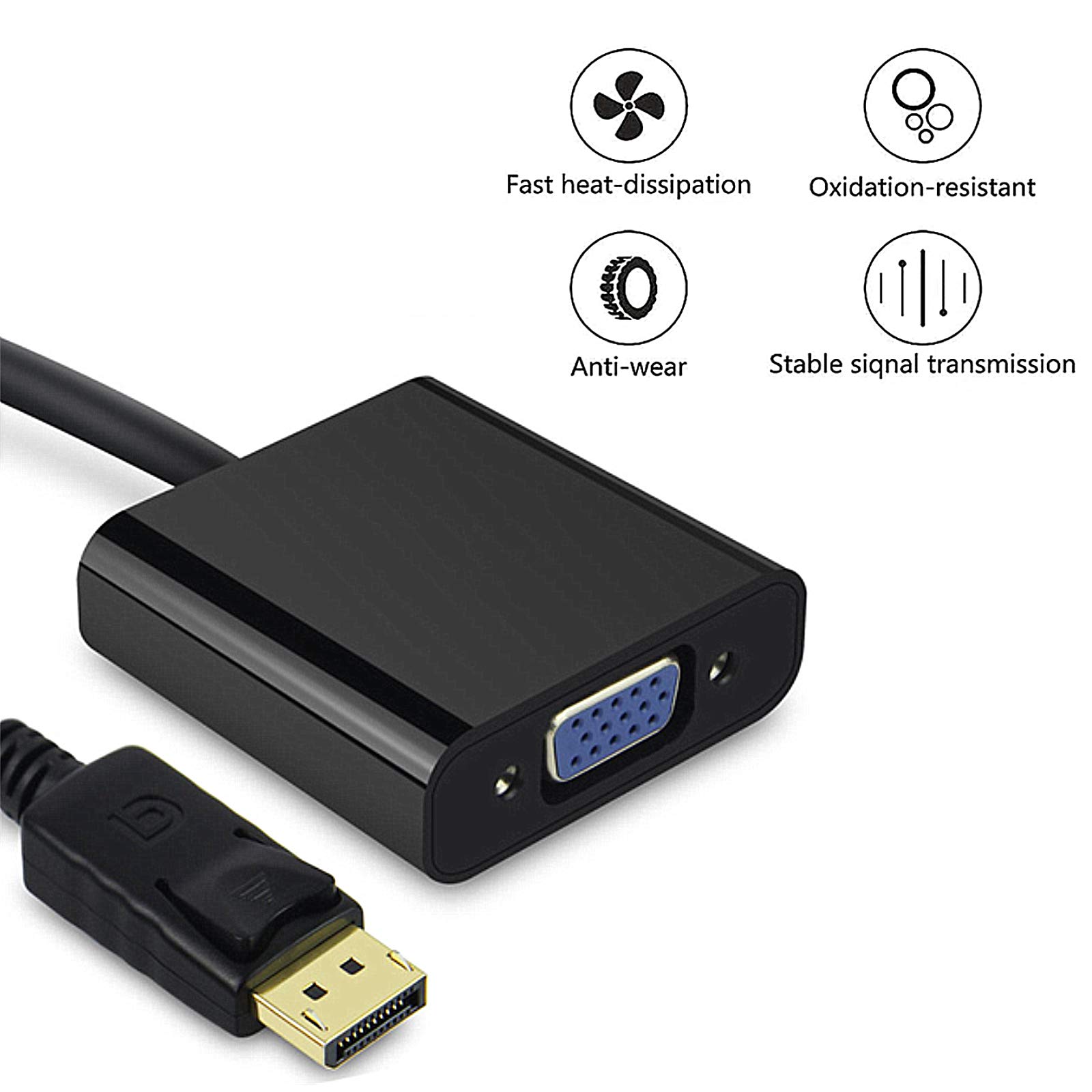 Jsdoin Adattatore da DisplayPort a VGA, 1080p placcato oro, da DP a VGA (maschio-femmina) compatibile con Lenovo, Dell, HP, ASUS