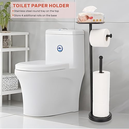 Miniatura 5 de Sfemn Soporte de papel higiénico negro, soporte de papel higiénico independiente con estante para artículos pequeños, soporte de papel higiénico con