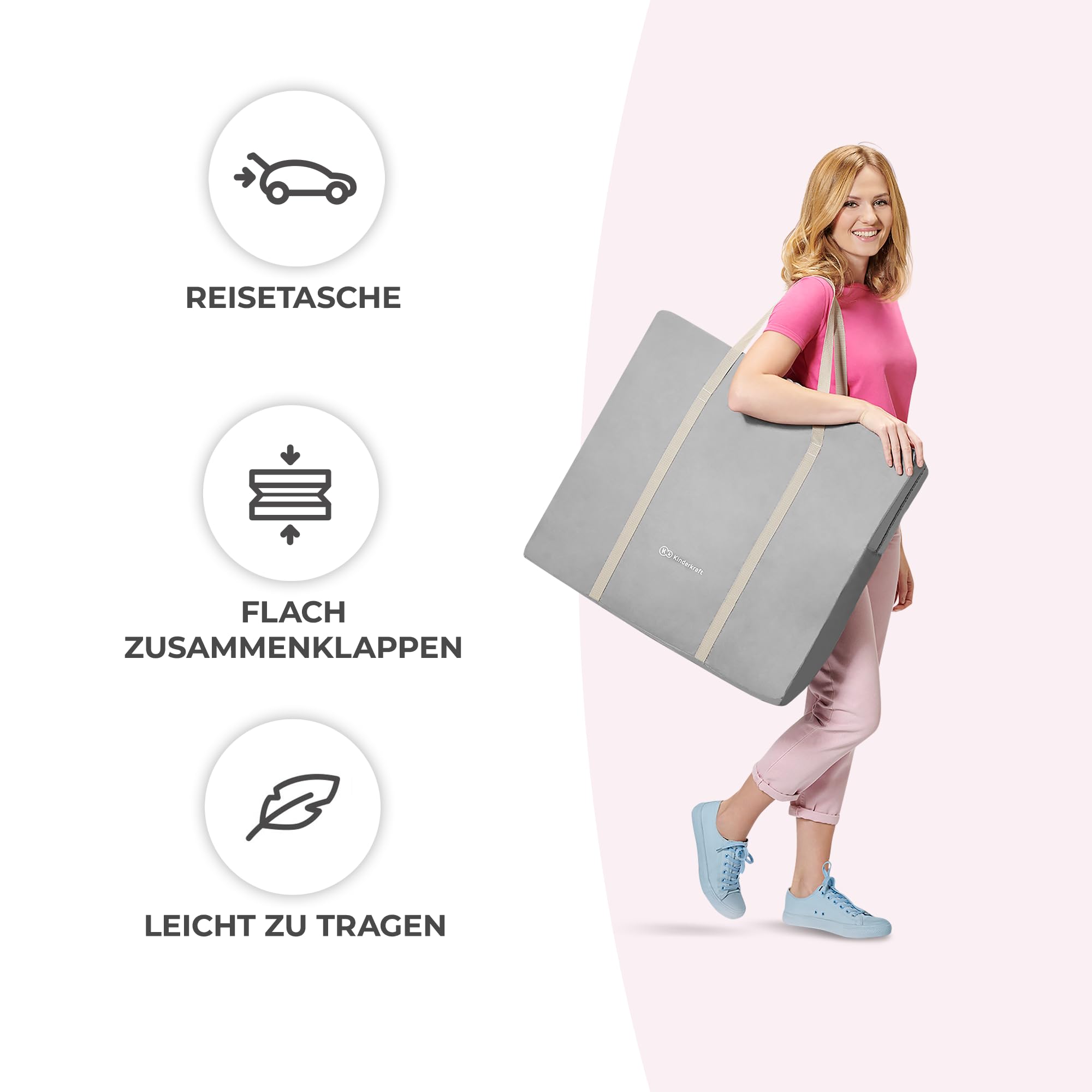 kk Kinderkraft Kinderkraft Kinderbett 3 in 1 lOVI, Kinderreisebett, Stubenwagen, Babywiege, Baby Wippe, Zusammenklappbar, Einfach Transport, mit Zubehör, Tasche, Moskitonetz,von Geburt bis 9 kg, Beige