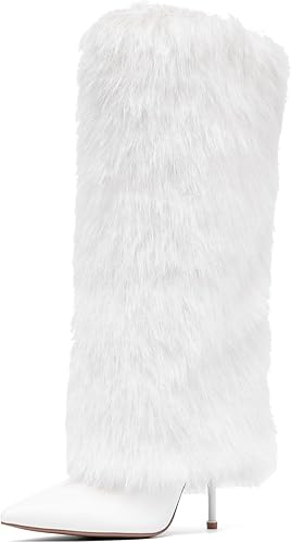 NEWBELLA Women's Plush Knee High Boots - Fashion Pointed Toe Stiletto Warm Tall 