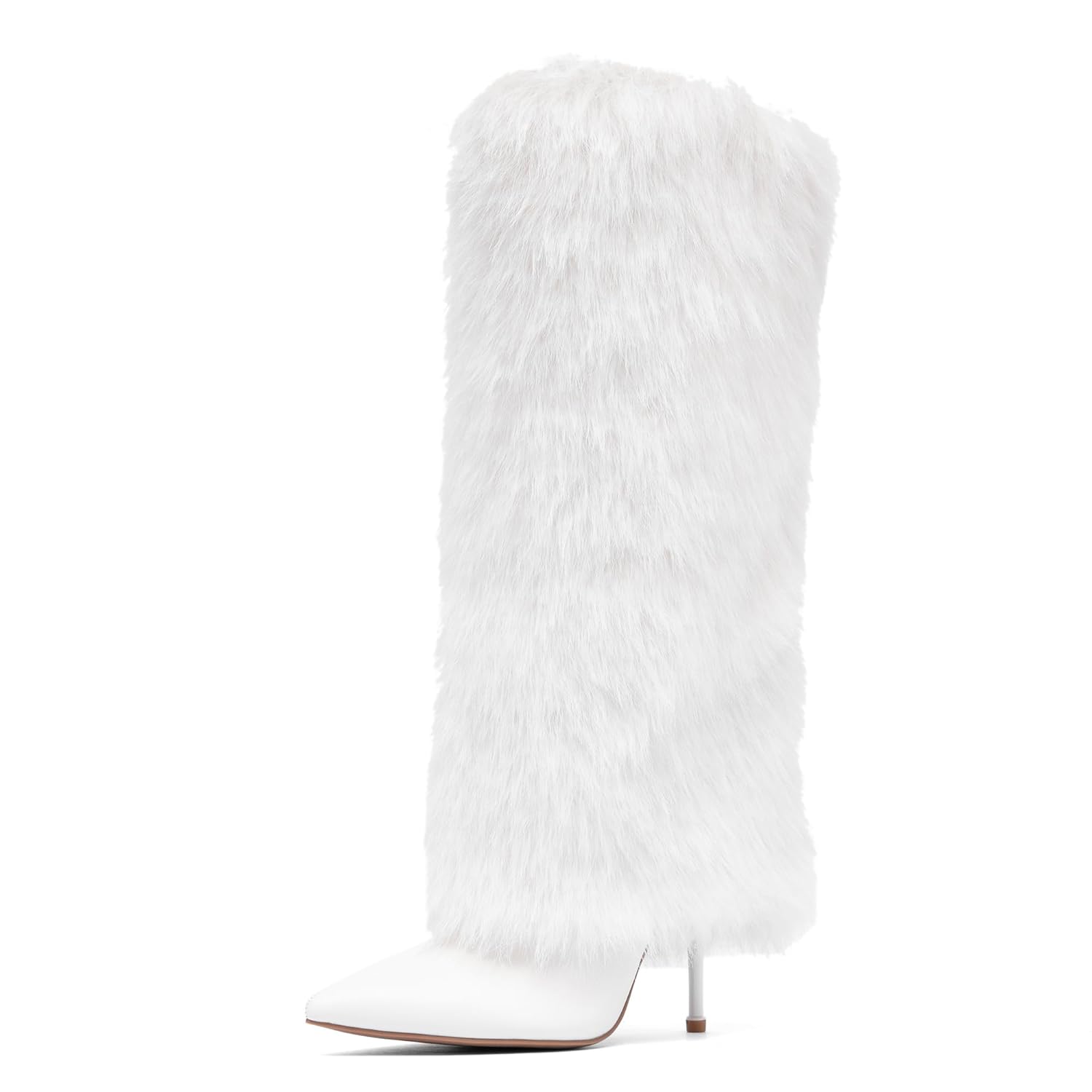 NEWBELLA Womens Exterior Plush Knee High Boots - Fashion Pointed Toe Stiletto Warm Faux Fur Tall Boots Slip-On