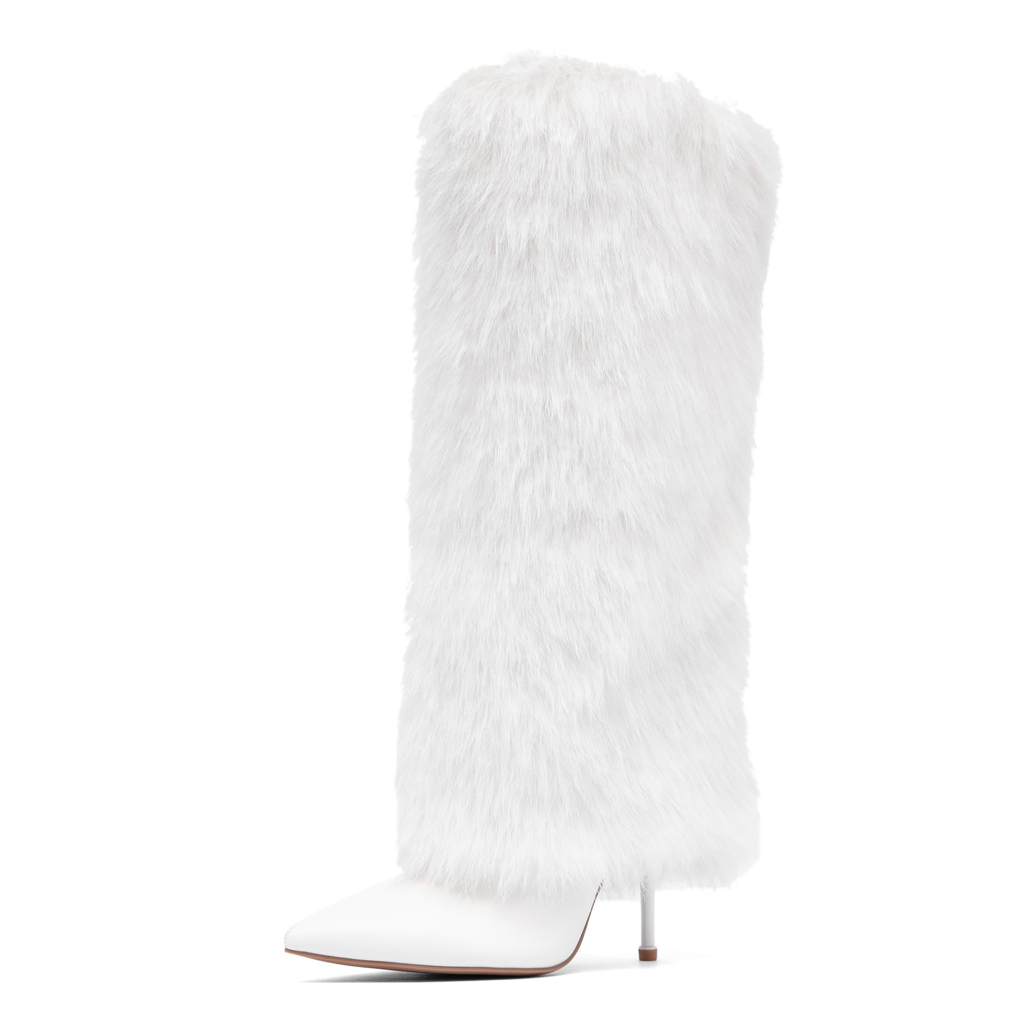 NEWBELLA Womens Exterior Plush Knee High Boots - Fashion Pointed Toe Stiletto Warm Faux Fur Tall Boots Slip-On