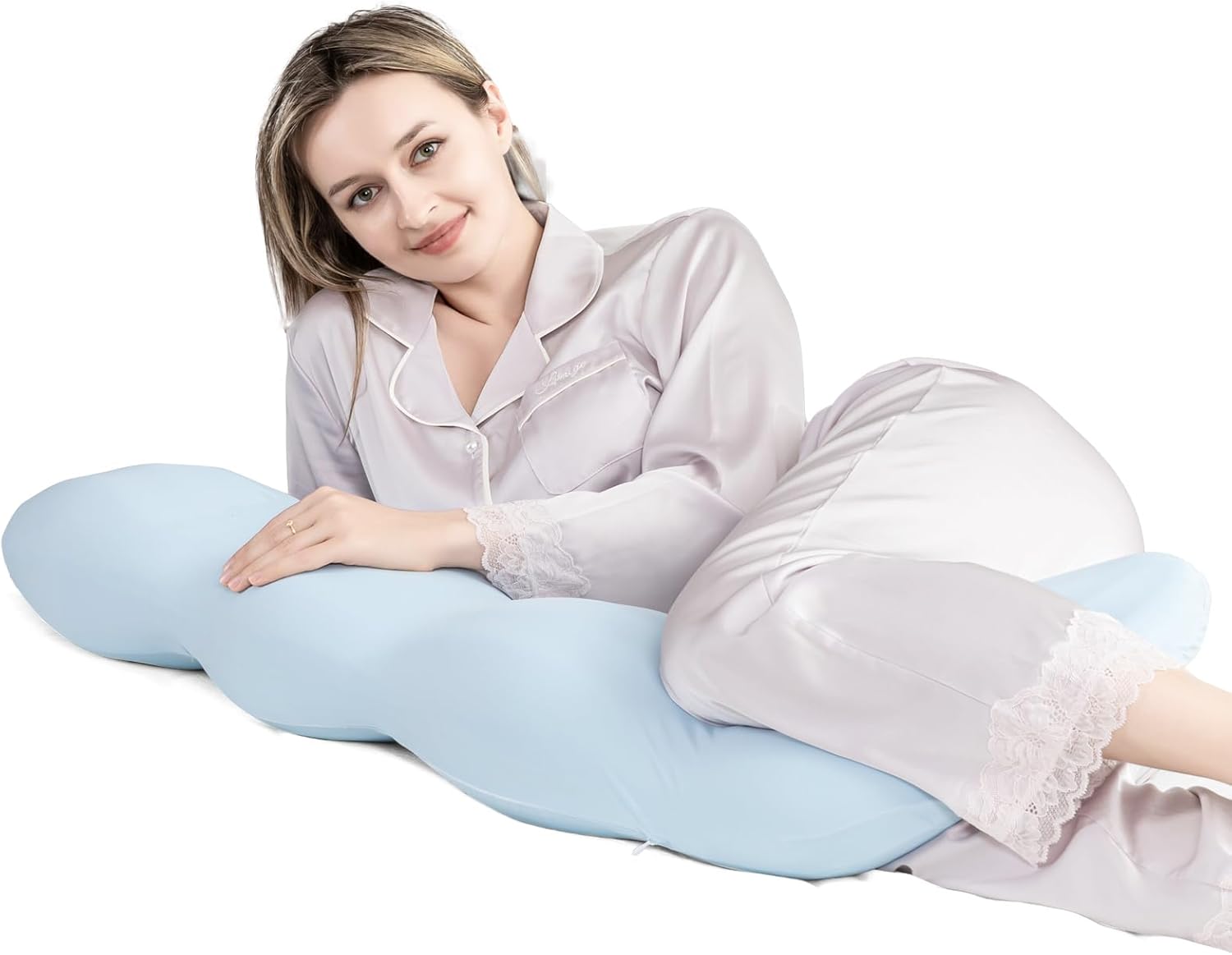Pea-Shaped Memory Foam Body Pillow (47"x9") Full Body Support Ideal for Side Sleepers, Pregnancy, and Back Pain Relief (Blue)