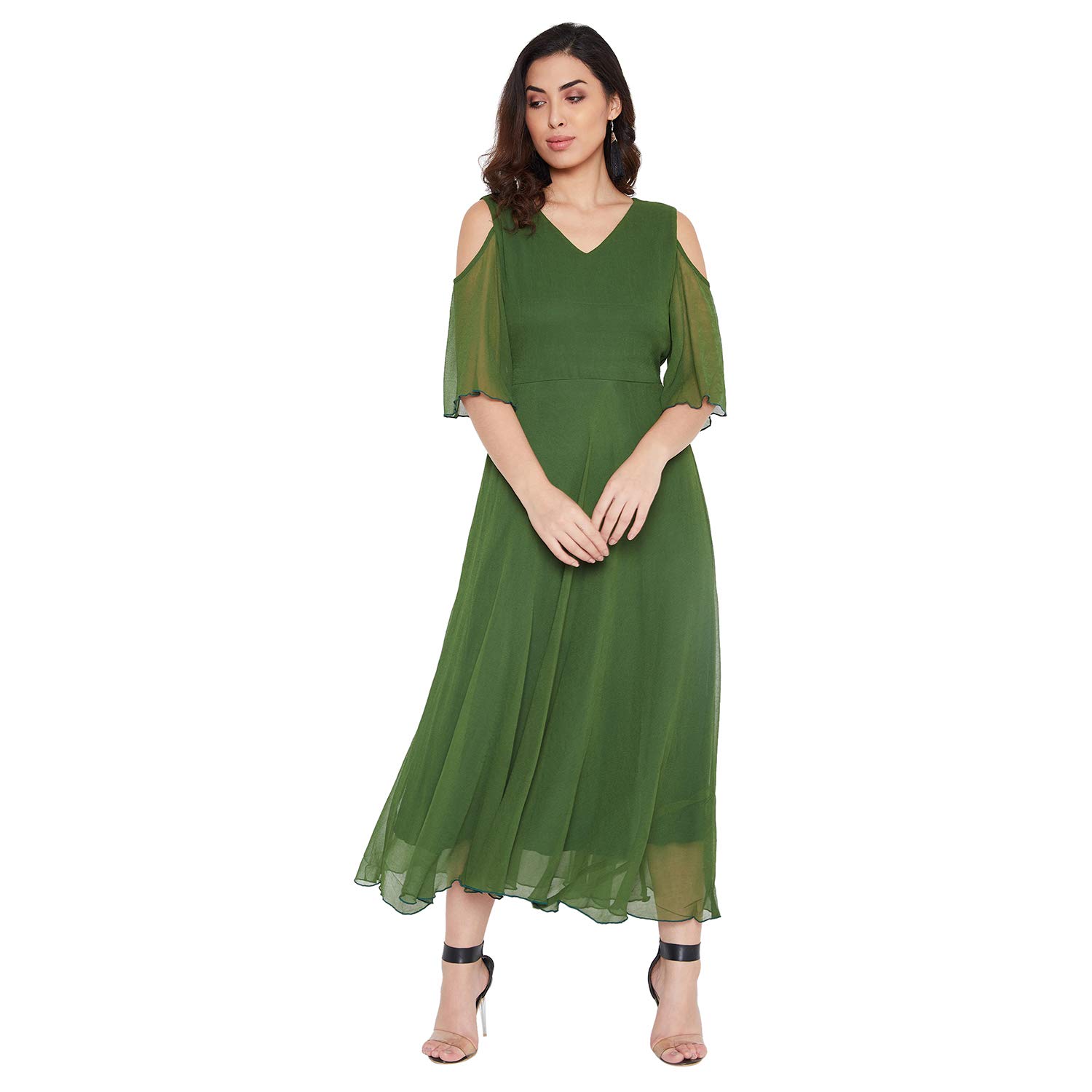 HELLO DESIGNWomen Green Solid Cold Shoulder Maxi Dress