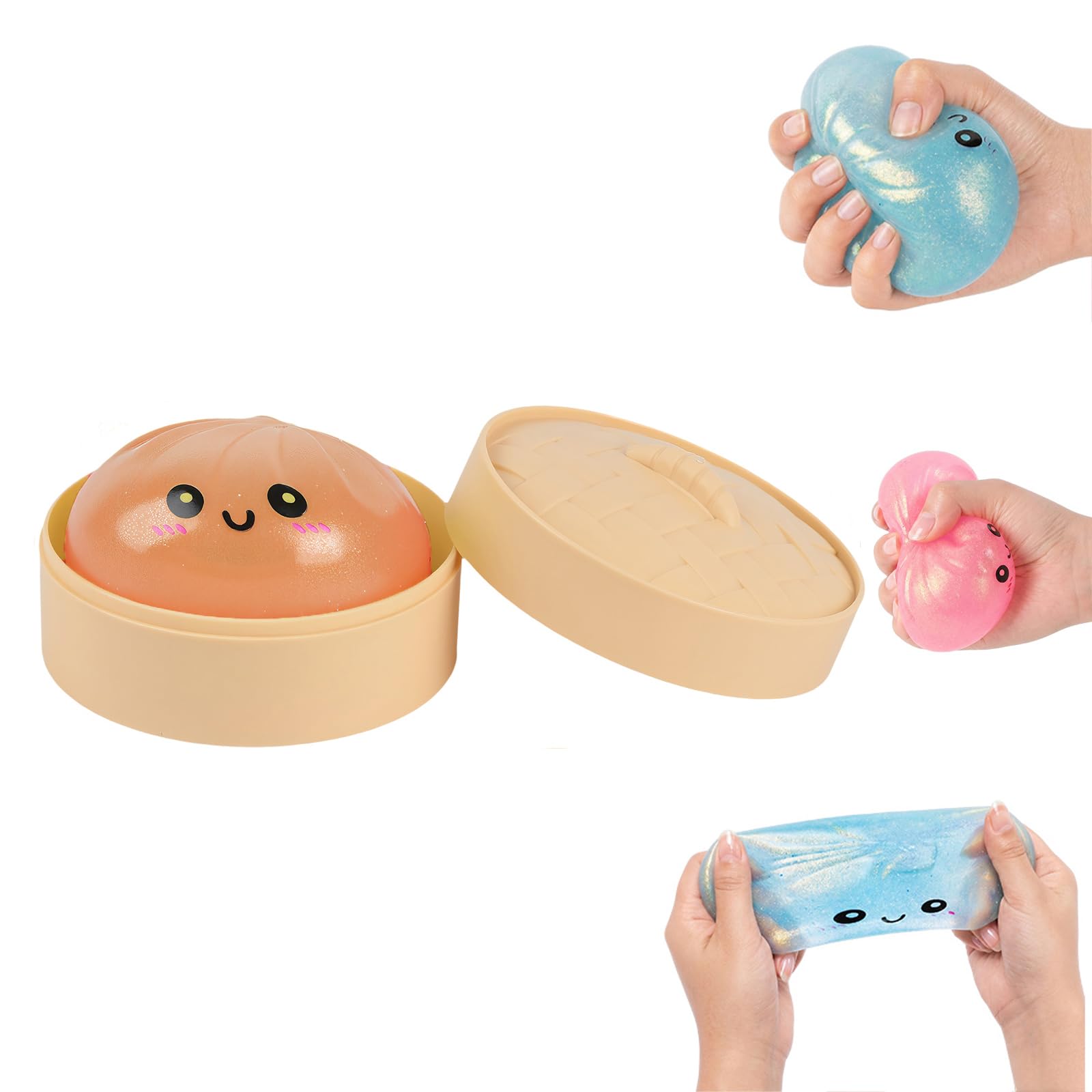 Squishy Glitter Dumpling Toy - 1 PC Bao Bun Squishys with Steamer Box, Squishy Dumpling Toys, Squishys Fidget Toys, Portable Stress Relief Squeezing Toy for Anxiety Stress Relief (Orange)