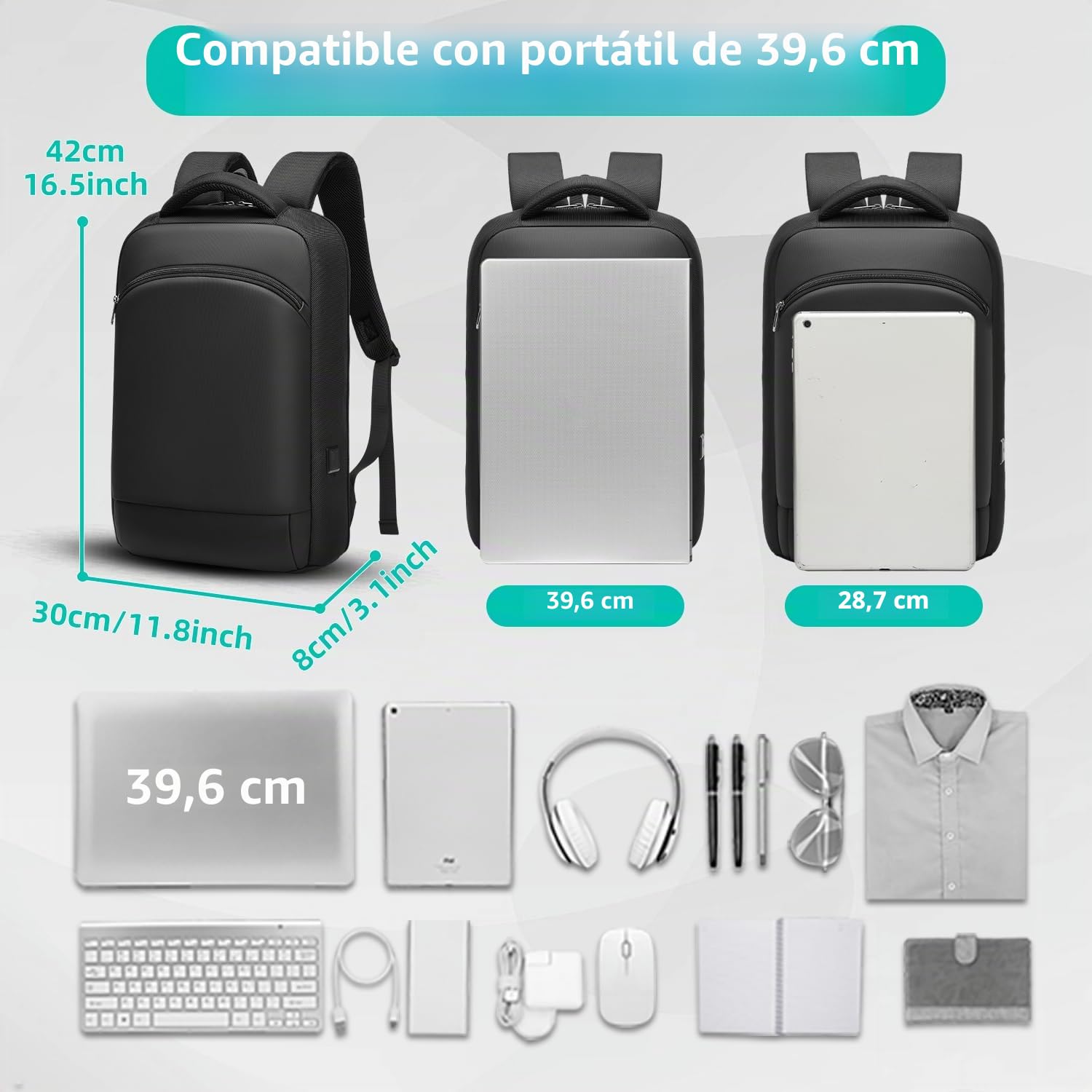 Mochila Ordenador Portatil 15.6 Pulgadas Mochila Hombre Trabajo Impermeable Antirrobo con Puerto de Carga USB para Oficina Universidad Escuela Viajes Negocios-Negro