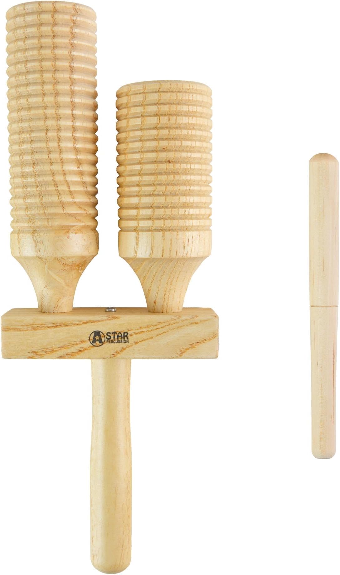 A-Star Two Tone Double Wood Block Agogo Guiro Scraper with Wooden Beater, Percussion Rhythm Block