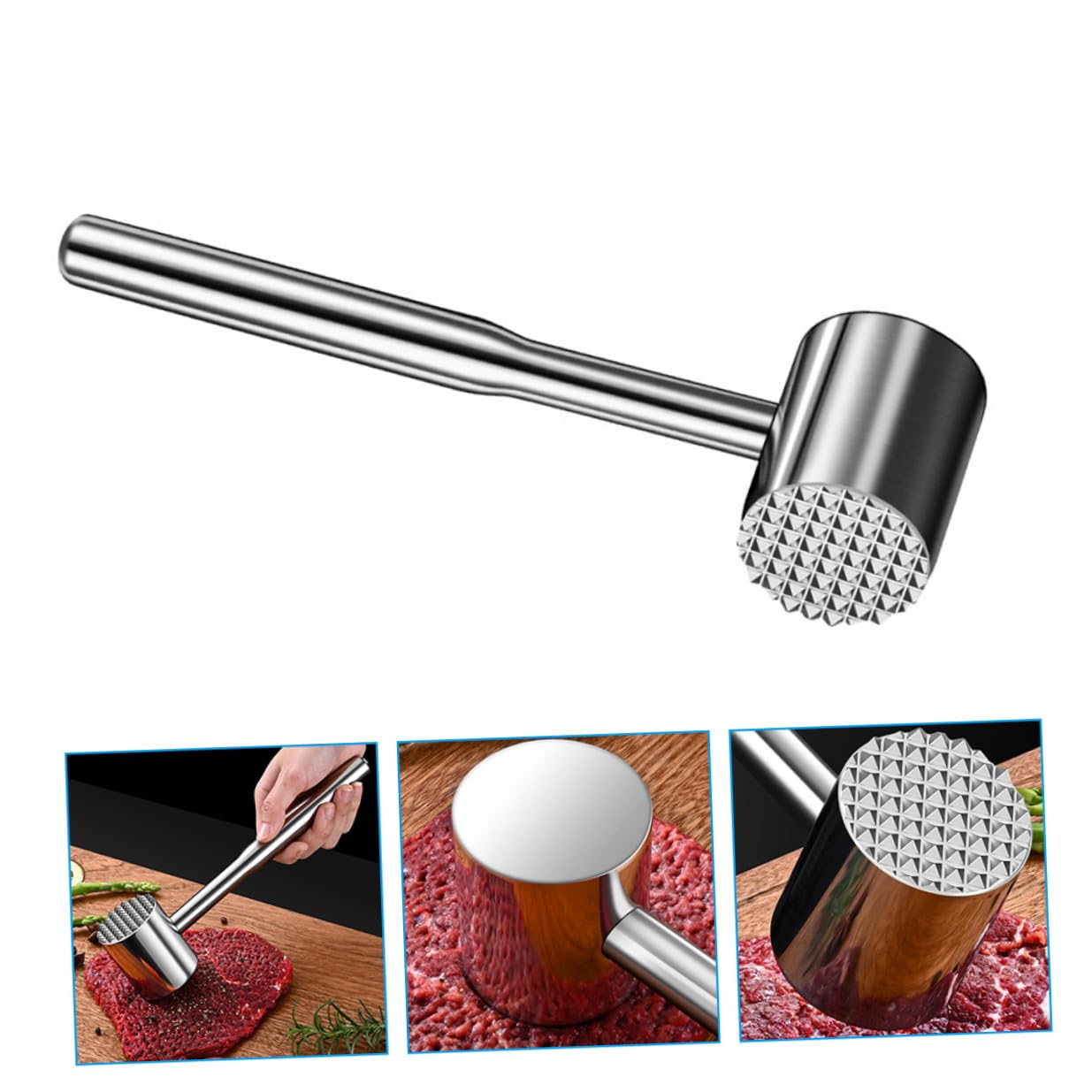 Multifunktionaler Fleischklopfer aus Hochwertigem Edelstahl Doppelseitiger Fleischhammer mit Nadel und Glatter Fläche zum Zartmachen von Steak Huhn und Schweinefleisch Ergonomisch