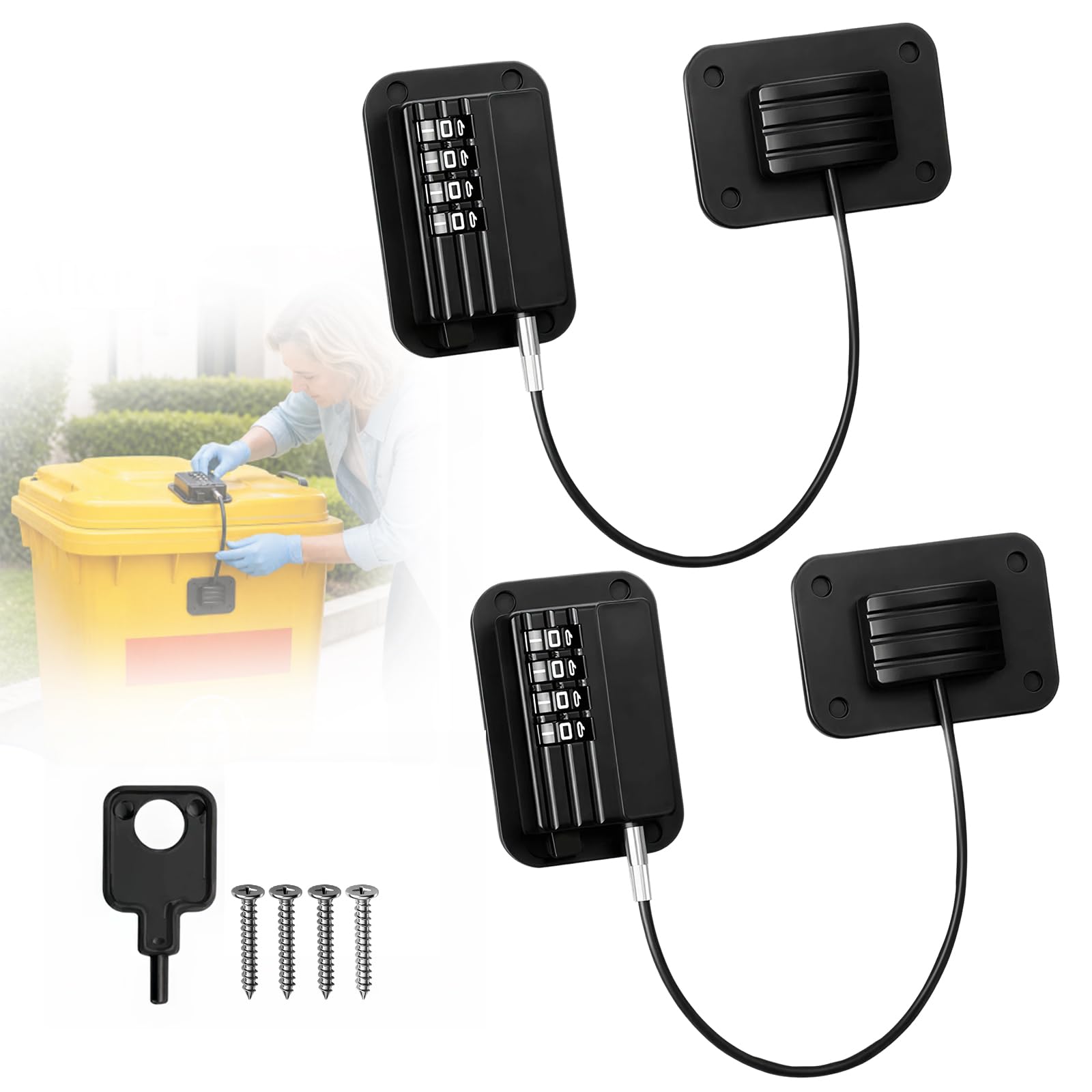 Pack of 2 Black Wheelie Bin Lock, Cable Lock, No Drilling, 4-Digit Combination Lock with Stainless Steel Rope & Adhesive Pad, Safety Lock for Wheelie Bins, Cupboard, Drawer